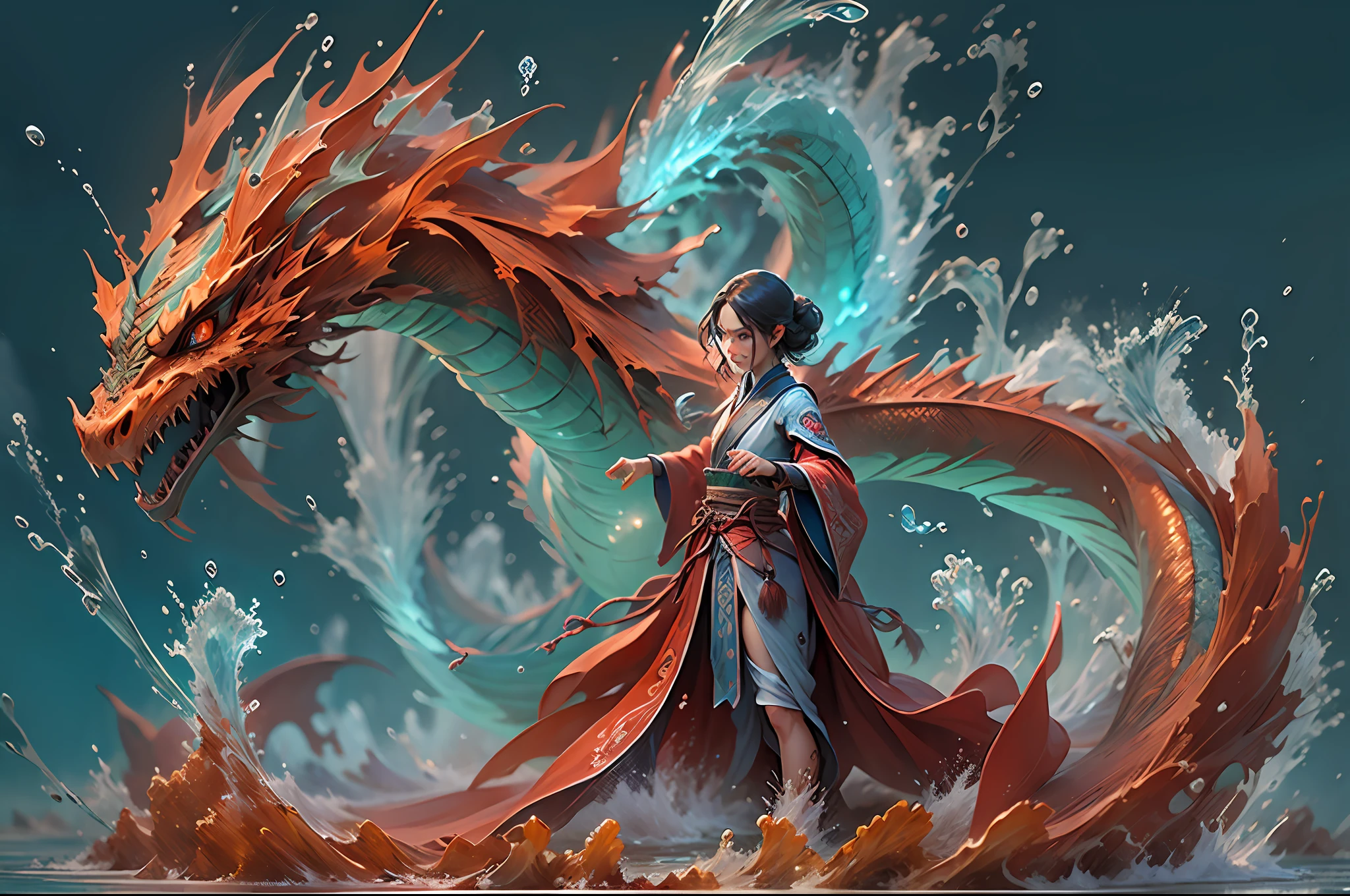 Q version 3 years old（Red robe：1.4）Baby girl standing in front of a transparent blue water dragon，crystal-clear，Eau，water flowing，drippy，Around the girl，Combines the power of water and ice elements，Create powerful ice storms，Freeze surrounding enemies and deal extensive freeze damage，high qulity，8K分辨率，tmasterpiece，Works of masters，super-fine，Water portrays details，复杂