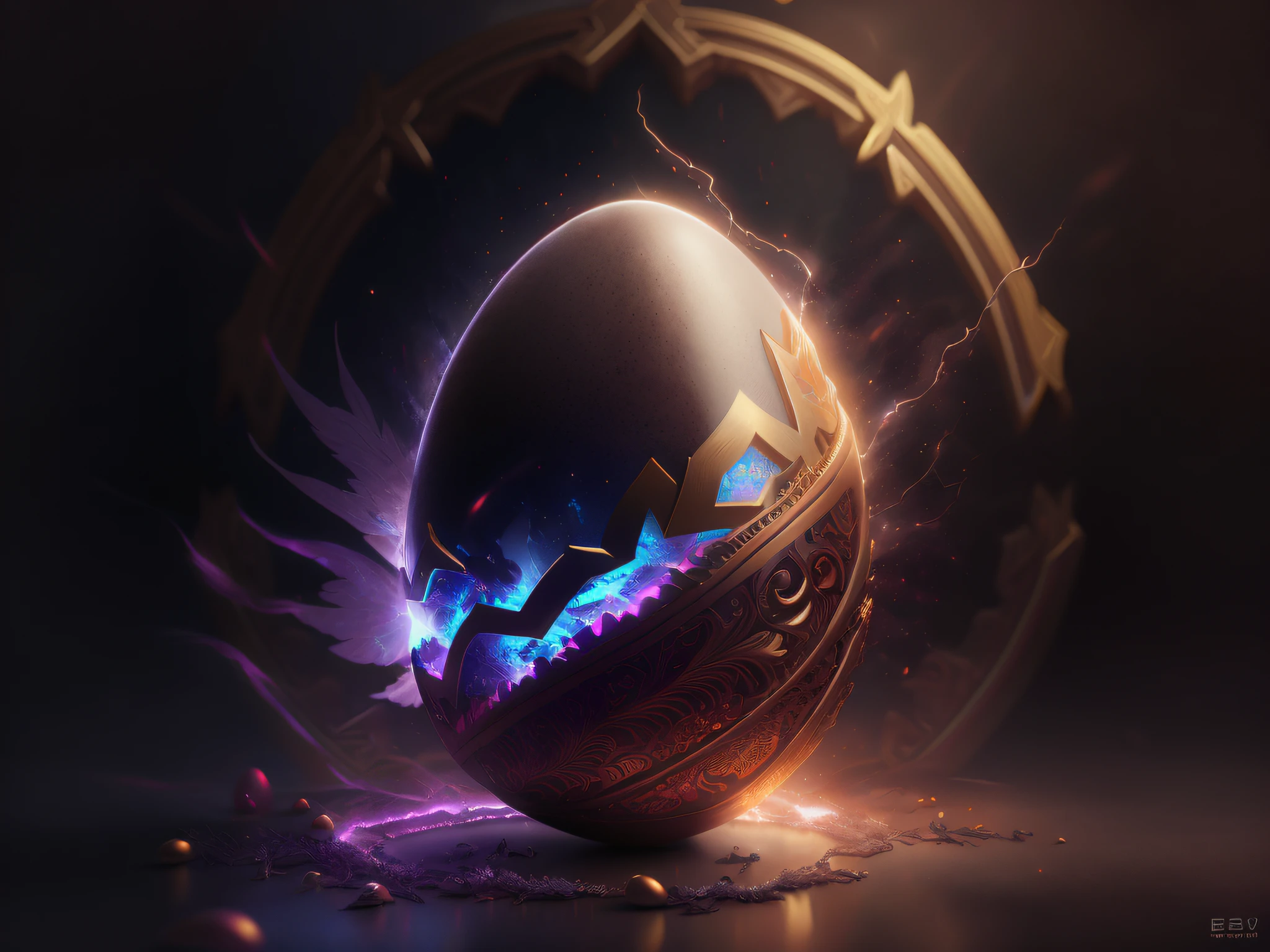 there is a large egg with a hole in it on a dark surface, 3d digital art 4k, cinema 4d bright light render, cinema 4 d art, 3d render digital art, humpty dumpty in form of egg, digital art render, high-quality render, magic frozen ice phoenix egg, cinema 4 d render, cinema 4d render, white background, color slash, aint unreal engine, octane (broken eggs | intricateaptor Christ:1.27) as as illustrated by simon bisleyiplice & chris hemsworth w 1 0 8 2 holding Aeons Old Weapon + ornate detailed sword + angel wings new technology + holy concept art + hyper realistic flesh