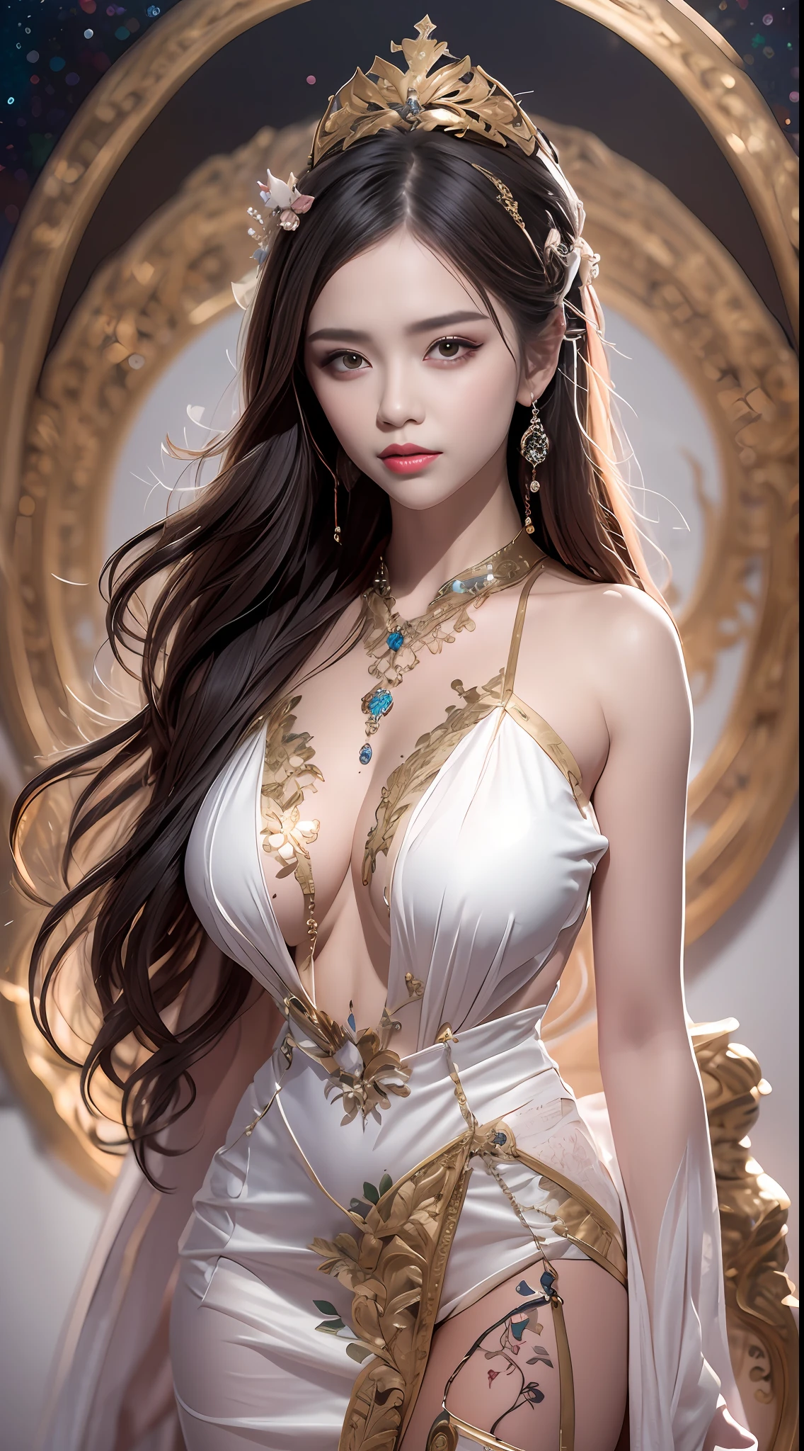 Portrait of a young 20-year-old saint, a saint with a beautiful and super cute face,wearing a thin dress in 7 sexy rainbow colors, beautiful cute face, Ao dai with a deep slit in the chest and attractive black and white lace trim, beautiful face without blemishes, Lovely smile, ((7-color hair length:1.2)), big crown, hair brooch, hanfu dress, chinese ancient style, full body jewelry, forehead tattoo, The female saint's breasts are round and very full, breast augmentation, innocent face, The most beautiful and detailed light red lipstick, ((Thin plump lips:0.3)), ((Golden eyes:1.2)), The eyes are delicately decorated,(white and detailed) cinematic, light and dark, dramatic lighting, magical light, extremely detailed light, true color, super sharp, realistic, 8k quality, fantasy universe background, saints and magical space, the most detailed images, Solo, a saintess, ((looking directly at the saint's upper body:0.4)), ((smooth skin:0.5)), Extremely detailed pixels, super true,