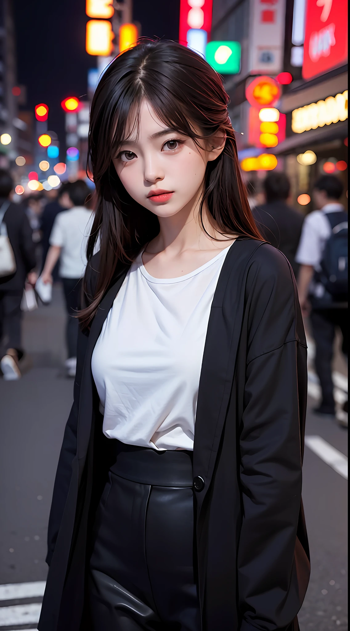 1girl, Tokyo street,night, cityscape,city lights, upper body,close-up, 8k, RAW photo, best quality, masterpiece,realistic, photo-realistic,