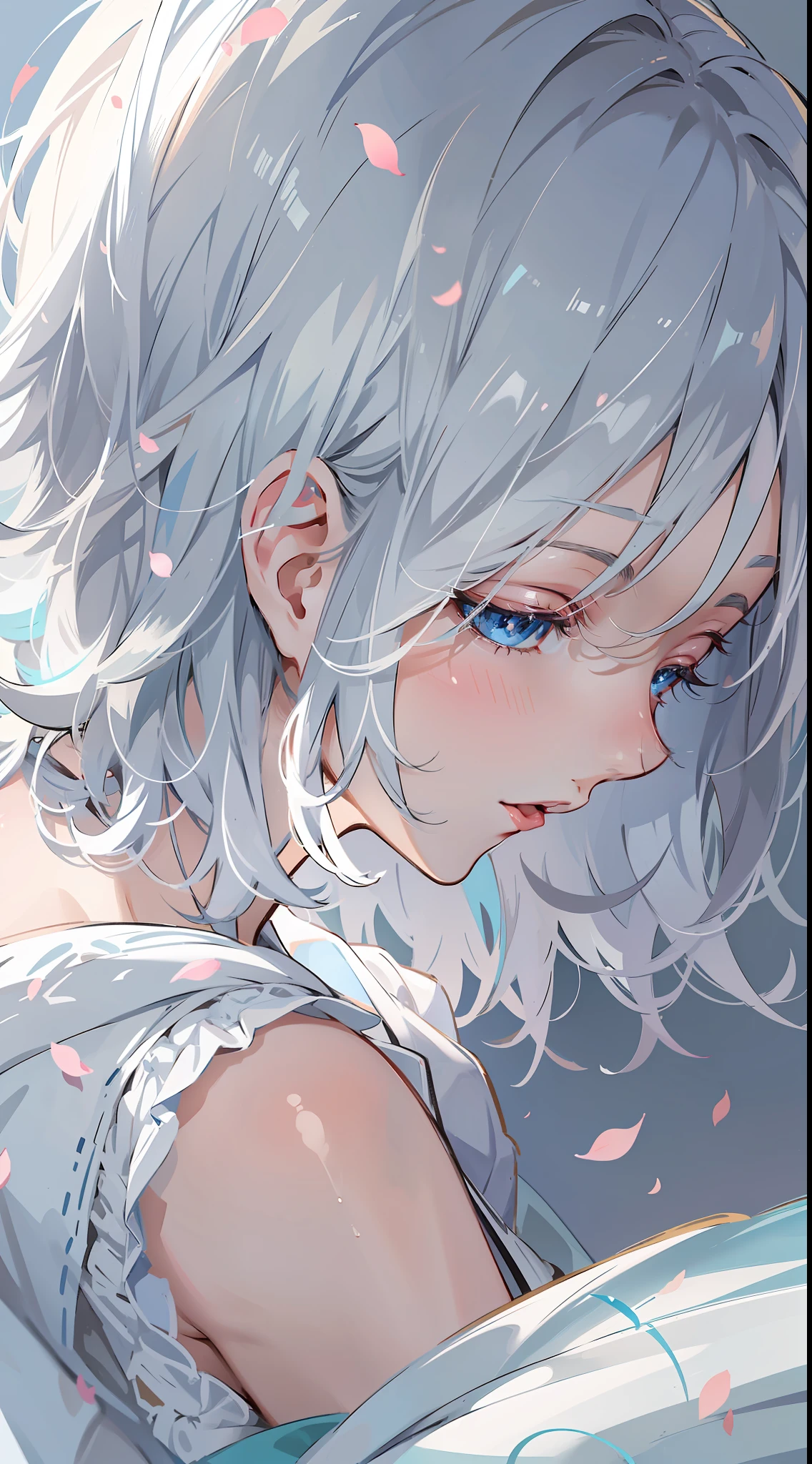 Become a woman。Short-haired woman with silver hair。Has blue eyes。I'm not feeling well and I'm sleeping。I'm in bed。It is an anime-style illustration。Beautiful with the best image quality。Highest quality。