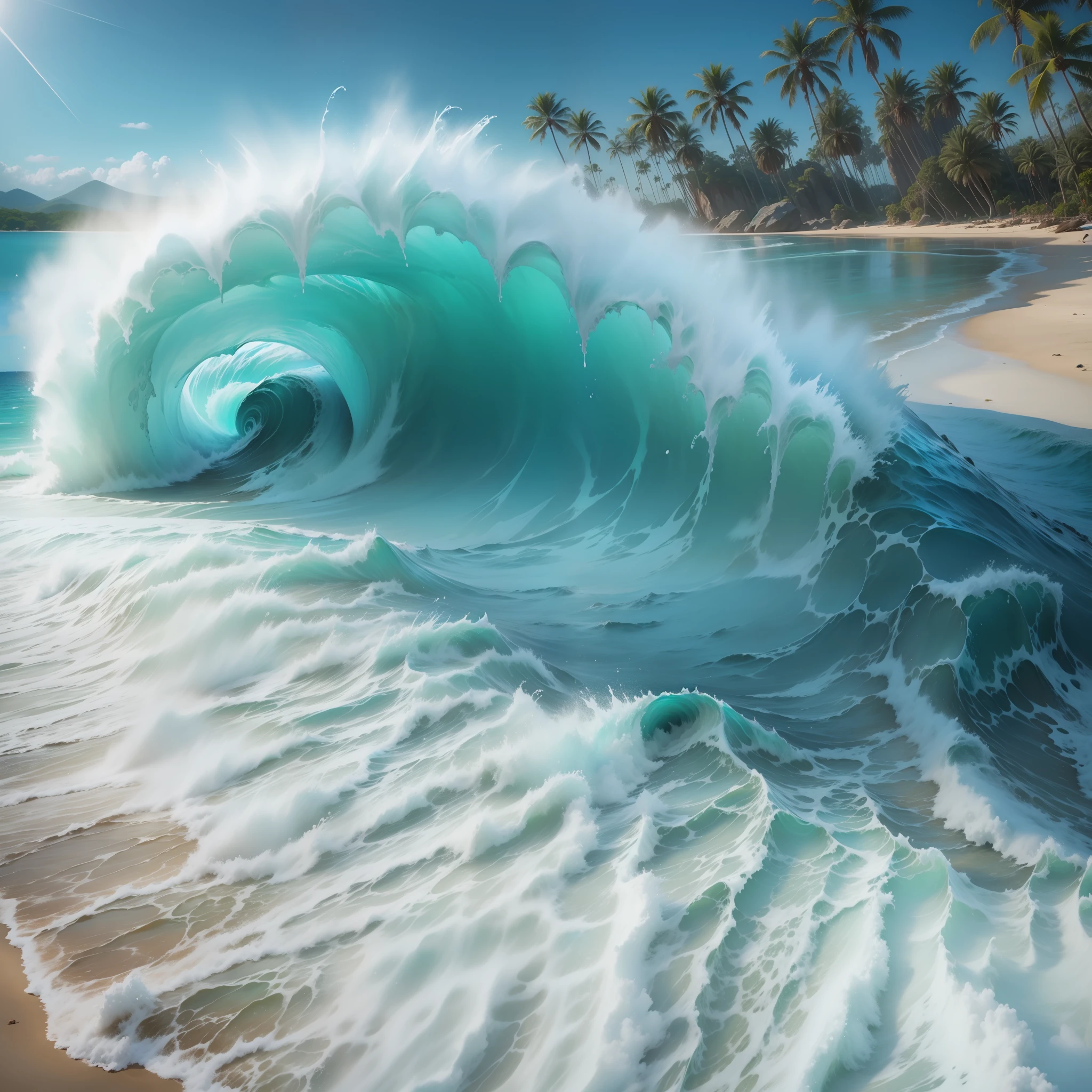 A Crystal giant wave approaching the beautiful tropical beach. Control Water.