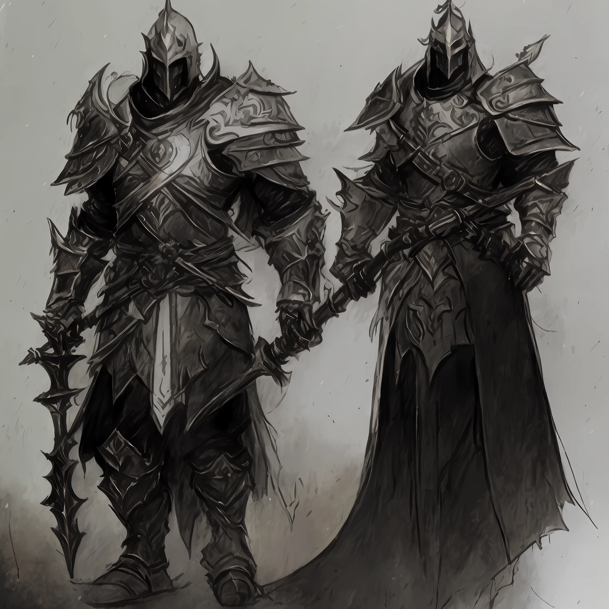 Drawing of a knight holding a giant sword, undead knight, warforged, senior concept artist, concept art of a warrior,for honor charector concept art, evil knight, heroic fantasy character concept, dressed in light armor, concept art sketch, concept art illustration, concept art artwork masterpiece, scary knight, illustration concept art