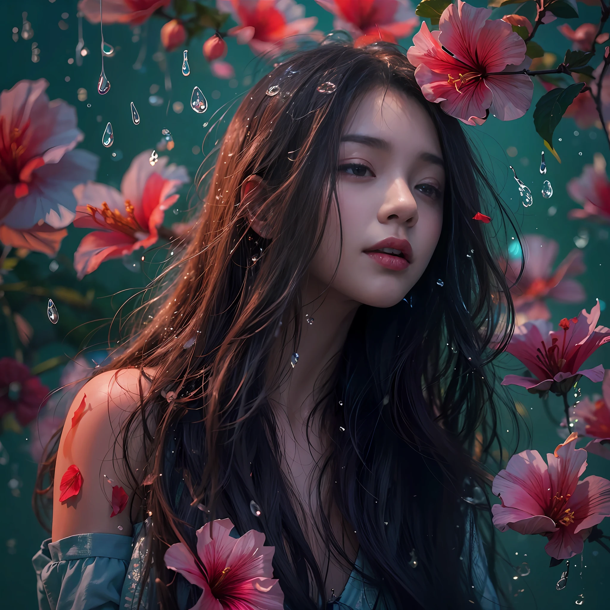 hibiscus Moon with water drops，neonlight，Random background，sunraise，bokha mood，A girl with long flowing hair，The petals fall in the wind，Nikon photo effect