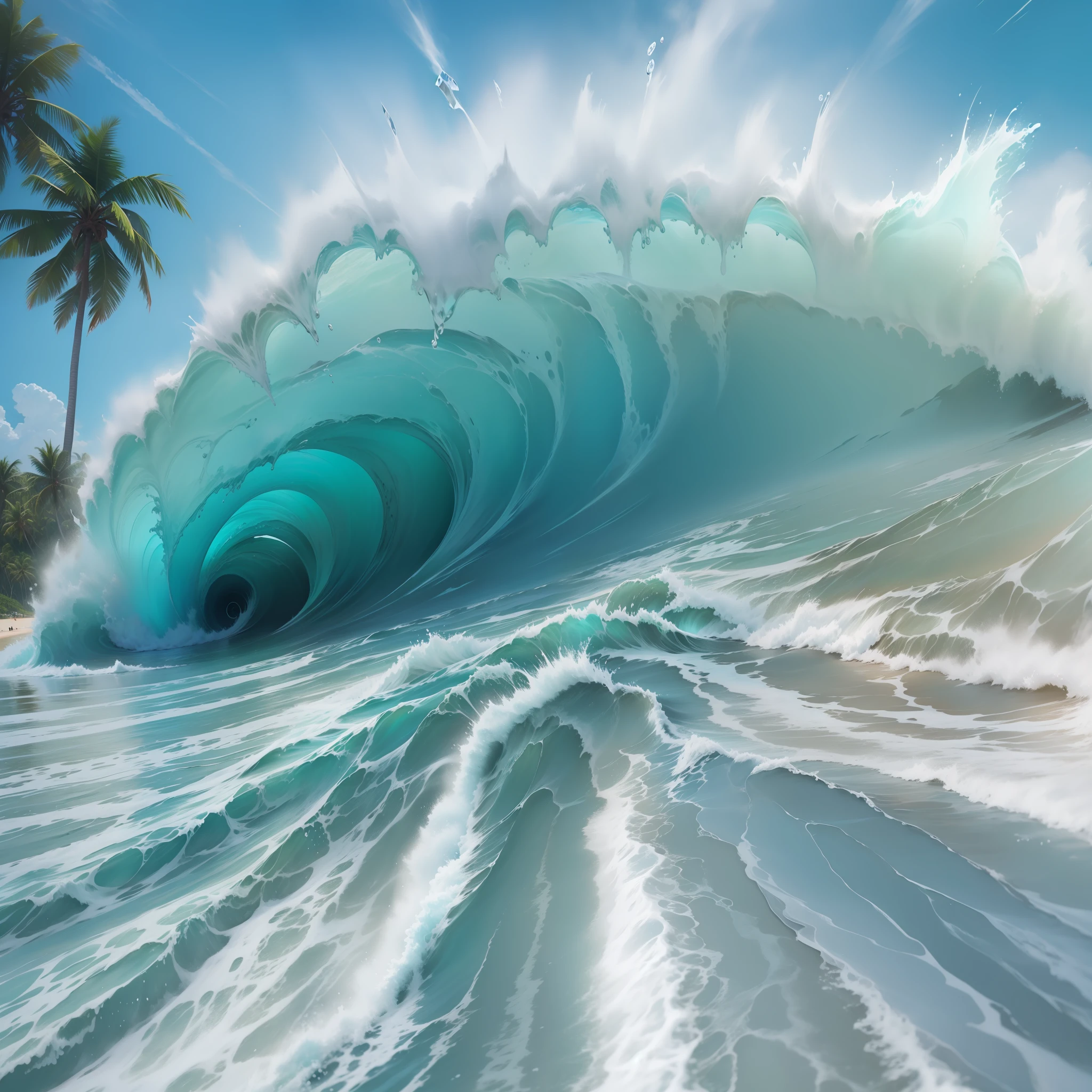 A Crystal giant wave approaching the beautiful tropical beach. Control Water.