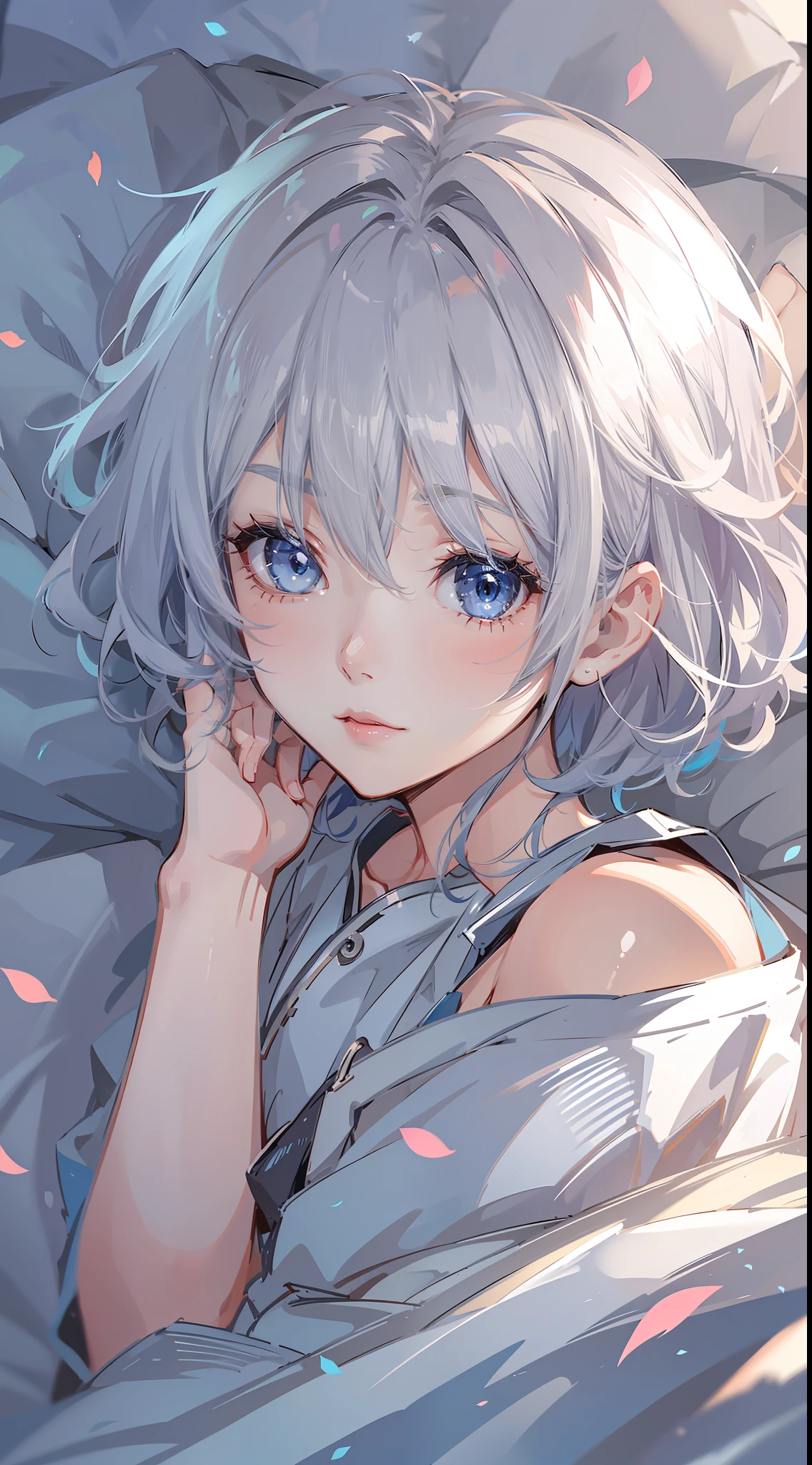 Become a woman。Short-haired woman with silver hair。Has blue eyes。I'm not feeling well and I'm sleeping。I'm in bed。It is an anime-style illustration。Beautiful with the best image quality。Highest quality。