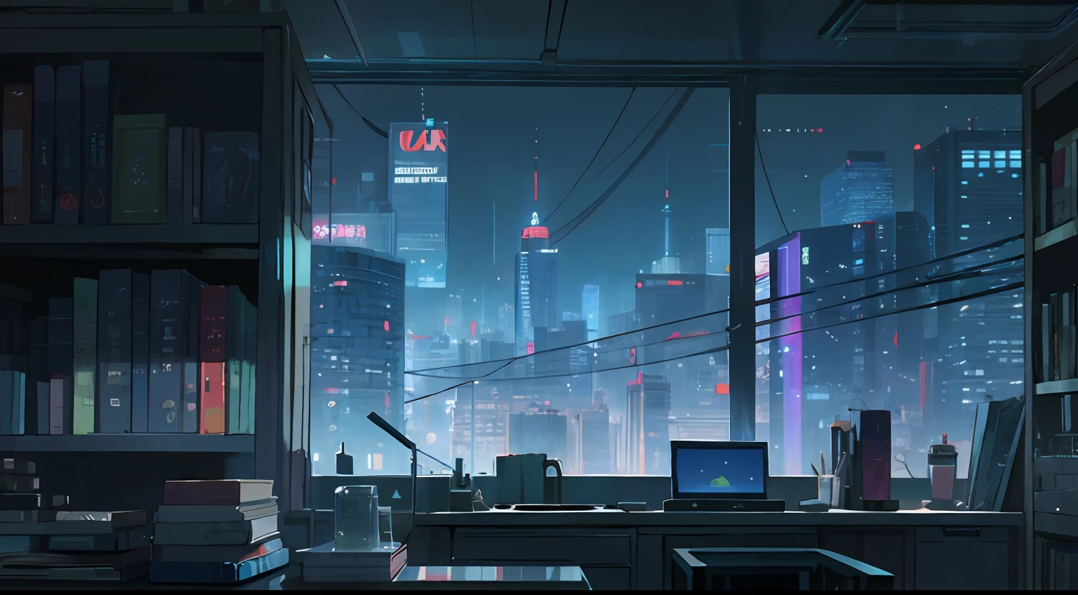 (great details), in night, Indoors, dim blue-green light, Bookshelves are half filled with books, Various items on the countertop, windows right in front of the window, The share of windows accounts for a quarter of the picture, Night view of the city outside the window, anime style 4 k, Cyberpunk anime, 4k anime wallpaper, Anime Art Wallpaper 8K, Anime style. 8K, digital cyberpunk anime art, hologram