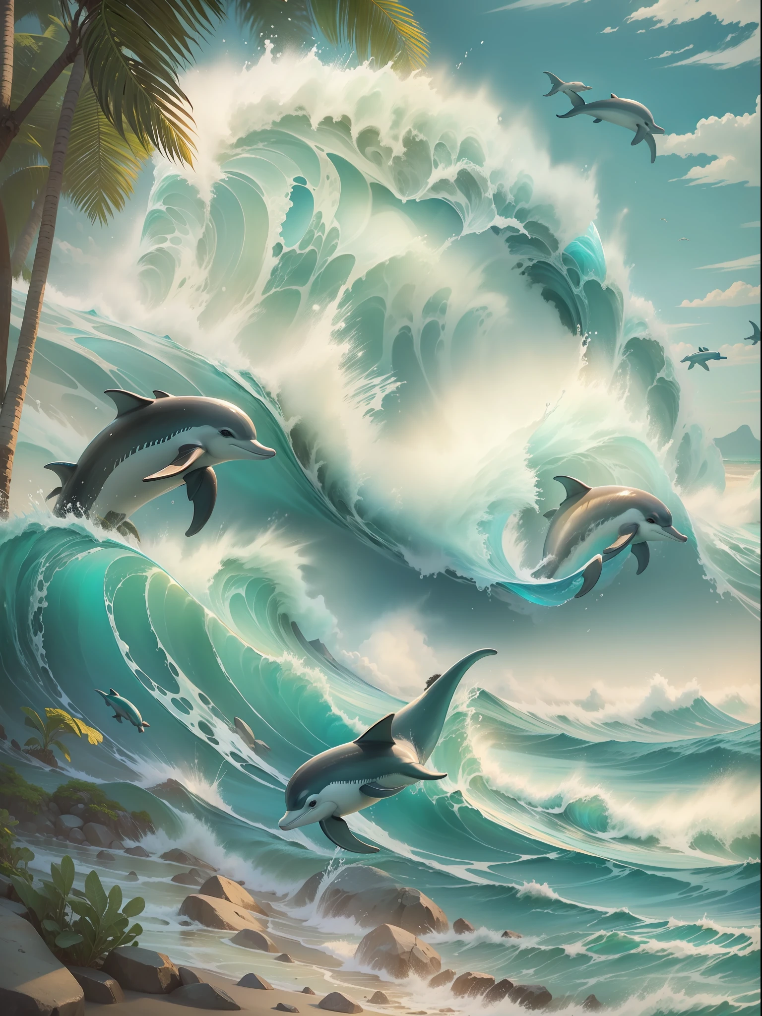 A beautiful scene of A Crystal giant wave with dolphins, approaching the beautiful tropical beach. Control Water.