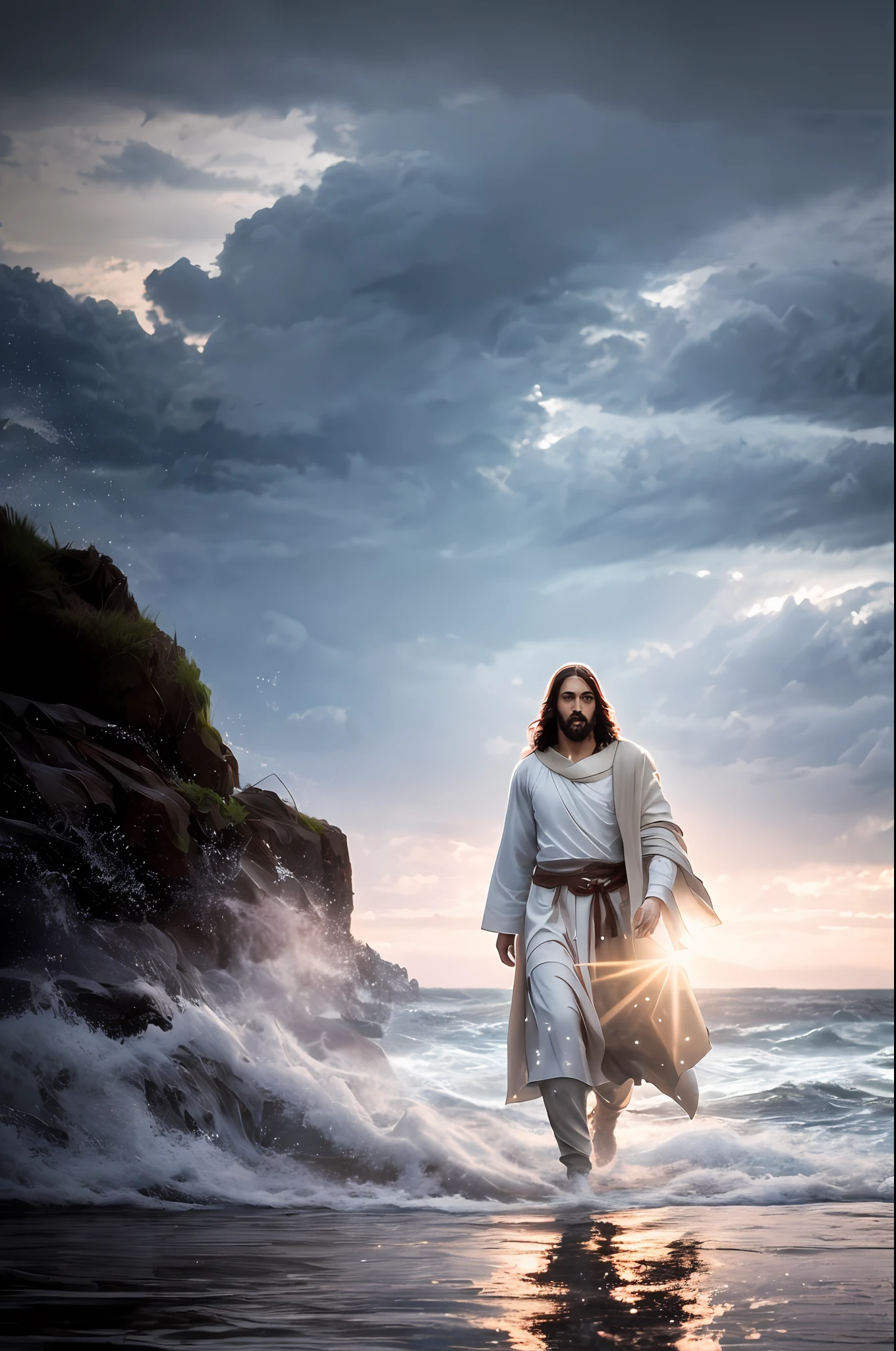 Jesus walking on water in a storm, gentle expression, streaks of light coming down from the sky, masterpiece, highest quality, high quality, highly detailed CG unit 8k wallpaper, award-winning photos, bokeh, depth of field, HDR, bloom, chromatic aberration, realistic, very detailed, trending at artstation, trending at CGsociety, complex, high detail, dramatic, mid-journey art, volumetric lighting