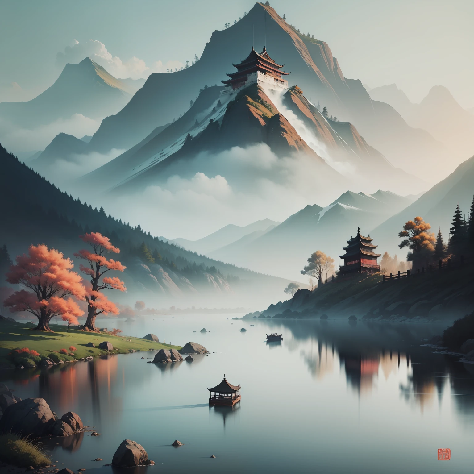 Ink painting, Chinese painting, landscape, landscape, full color