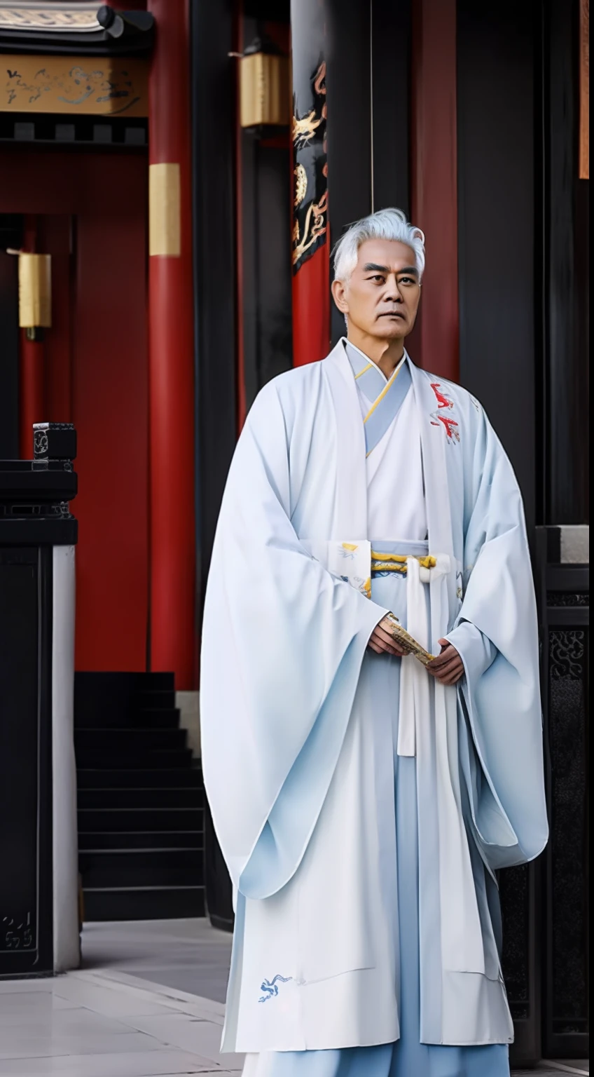 Masterpiece, Highest quality, (solofocus),, (High detail: 1.1),dojo,Yellow robe, Man, chinese crown, 1人,and white hair,超高分辨率 , Detailed background, Realistic lighting, wearing a detailed and intricate xianxia antique outfit