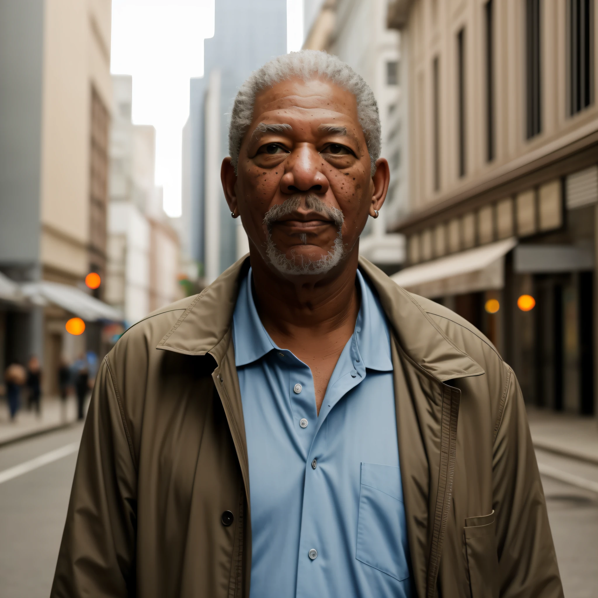 There is a man standing in the street in a town, Retrato de Morgan Freeman, Morgan Freeman como Gordon Freeman, foto de um homem, foto do retrato de um homem velho, Morgan Freeman •, standing in a city street, em uma rua da cidade, homem andando pela cidade, uma foto de um homem, imagem retrato, Retrato tirado 8 K, O olhar de um idoso