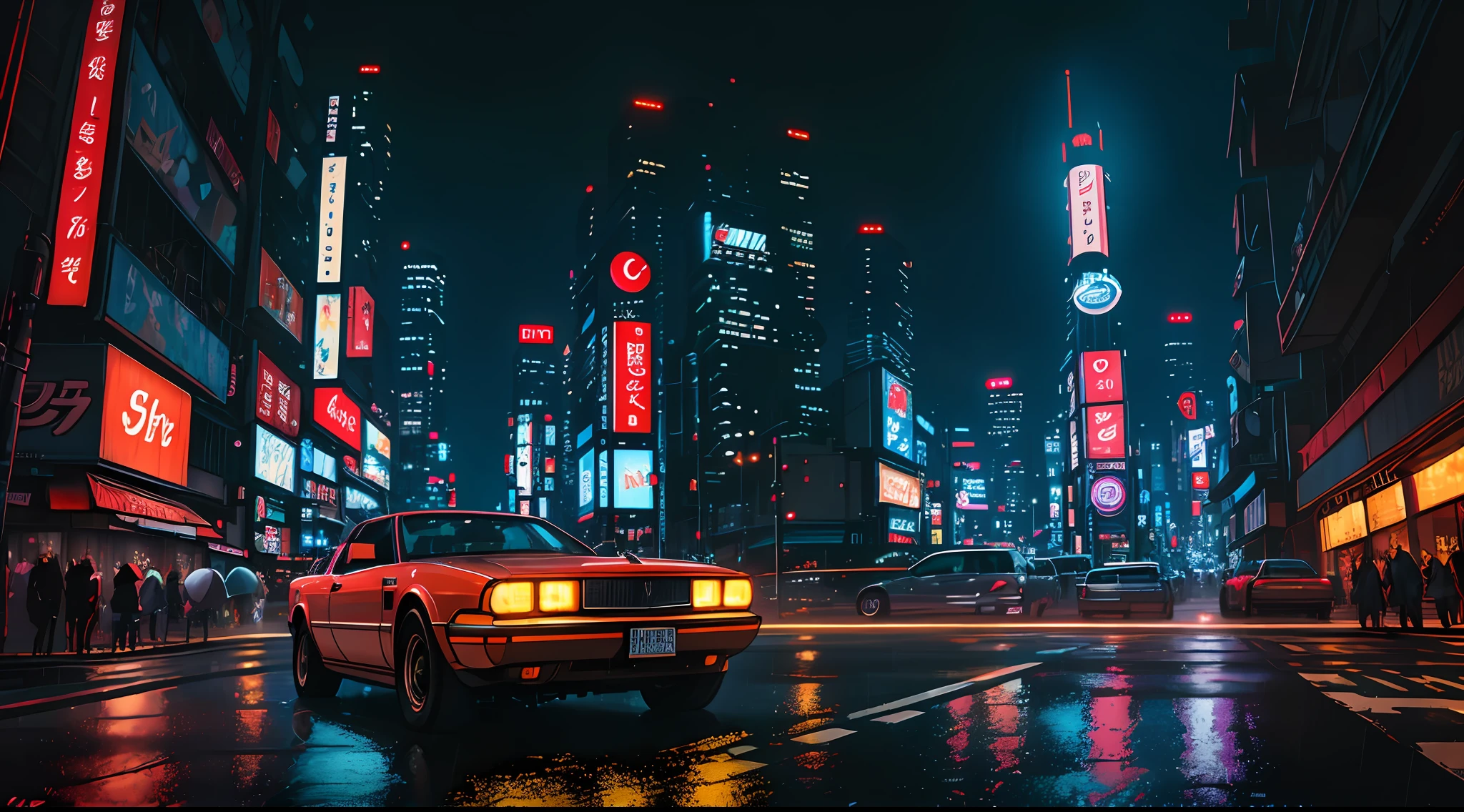 ((best quality)), ((masterpiece)), ((ultra realistic)), ((night time)), majestically detailed soft oil painting by jim lee, beautiful neon cyberpunk Tokyo, reflections, raining, crowded scifi city street, futuristic cars, night time, metallic, neon edge lighting, people, umbrellas, professional, skyscrapers, deep shadows, masterpiece, realistic, roughness, ultra realistic, photographed on a Canon EOS R5, 50mm lens, F/2.8, HDR, 8k resolution, highres, high detail, sharp focus, smooth, roughness, real life, photorealism, photography, 8k uhd,