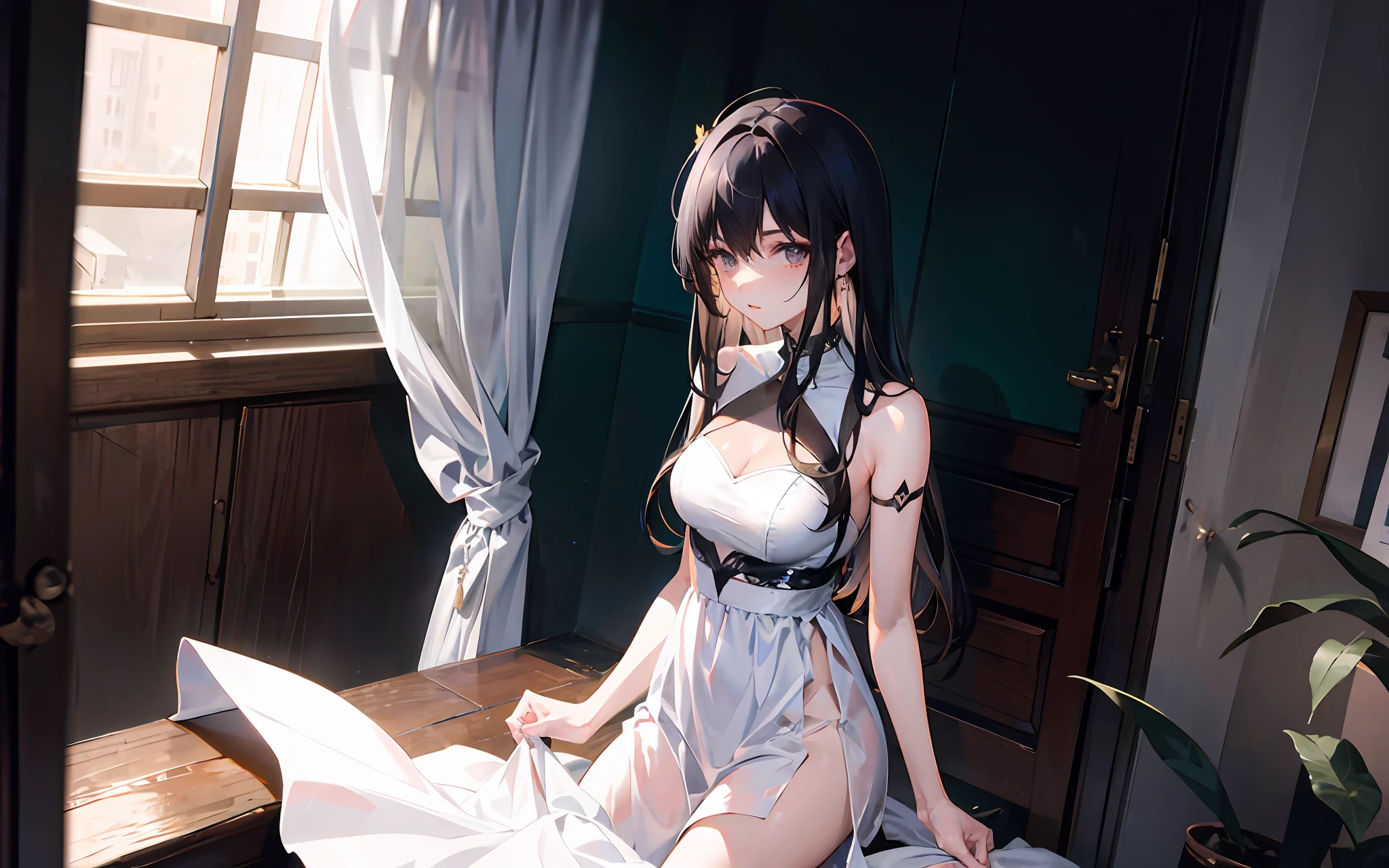 The human、A dark-haired、Longhaire、Beautie、A slender、inside in room