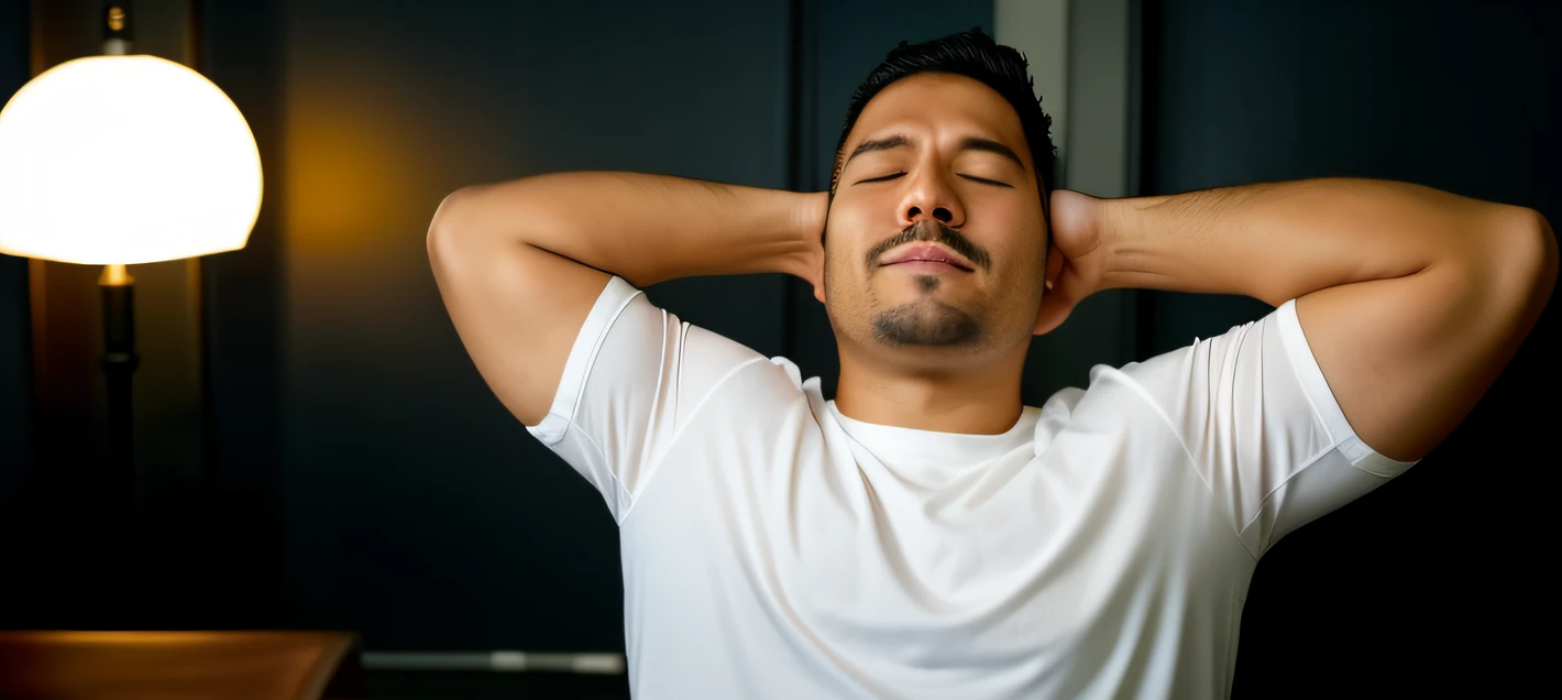 Arafed man with his hands behind his head and eyes closed, Markiplier, Pose distorcida, com um fundo preto, no fundo preto, Postagem no Reddit, Streamer do Twitch / Jogador Ludwig, closeup estilo gesto pesado, tired haunted expression, tired and haunted expression, Tomado com Sony Alpha 9, imagem de qualidade muito baixa, sleepy expression