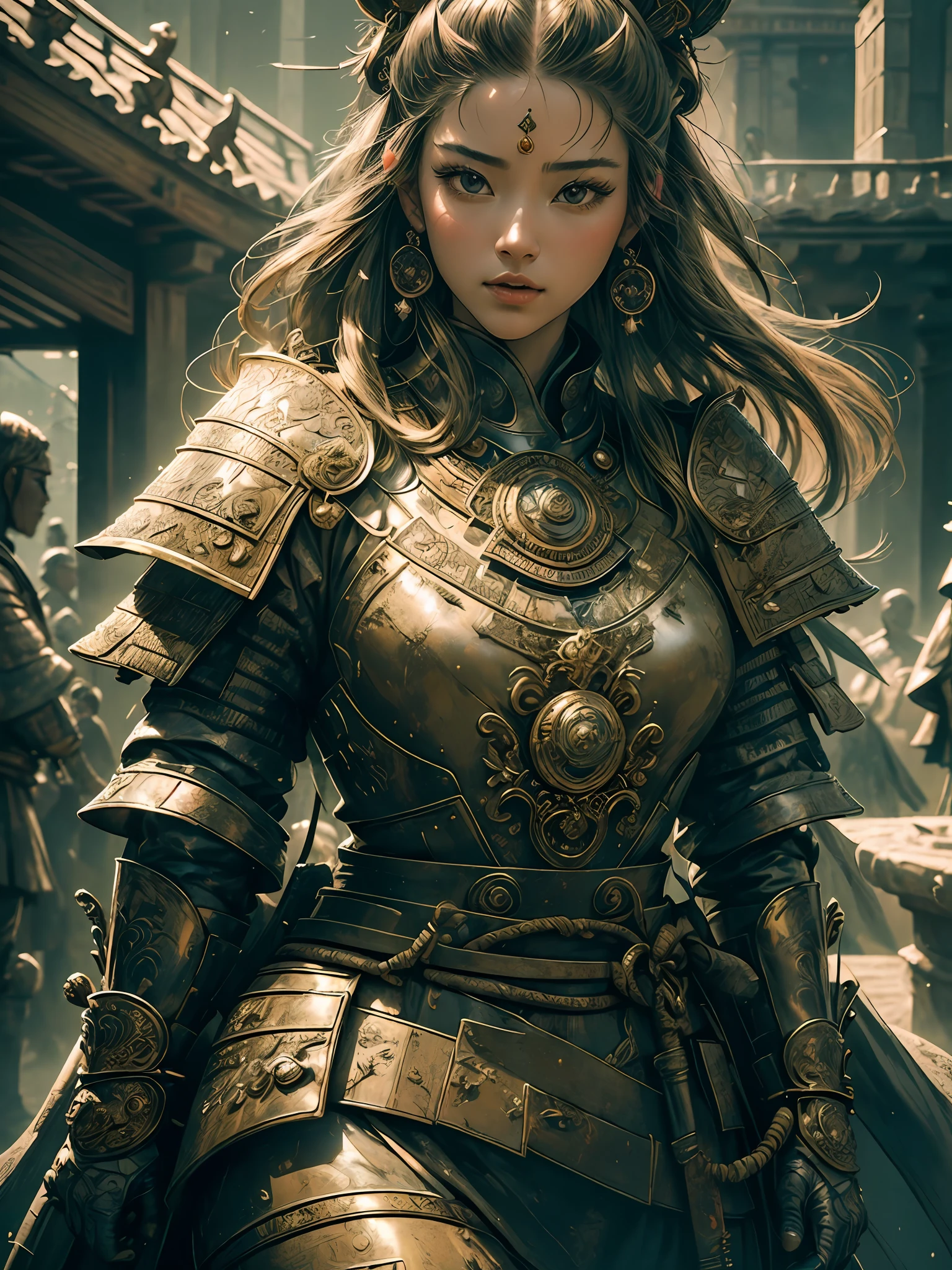 ((masterpiece))), (((best quality))), ((ultra-detailed)), (hyperrealistic), (highly detailed photo), natural lighting, photorealistic, extremely beautiful young lady, light makeup, intricate detailed eaba, samurai, shining, gloss, crisp, flirty, statues, epic, focus, high contrast