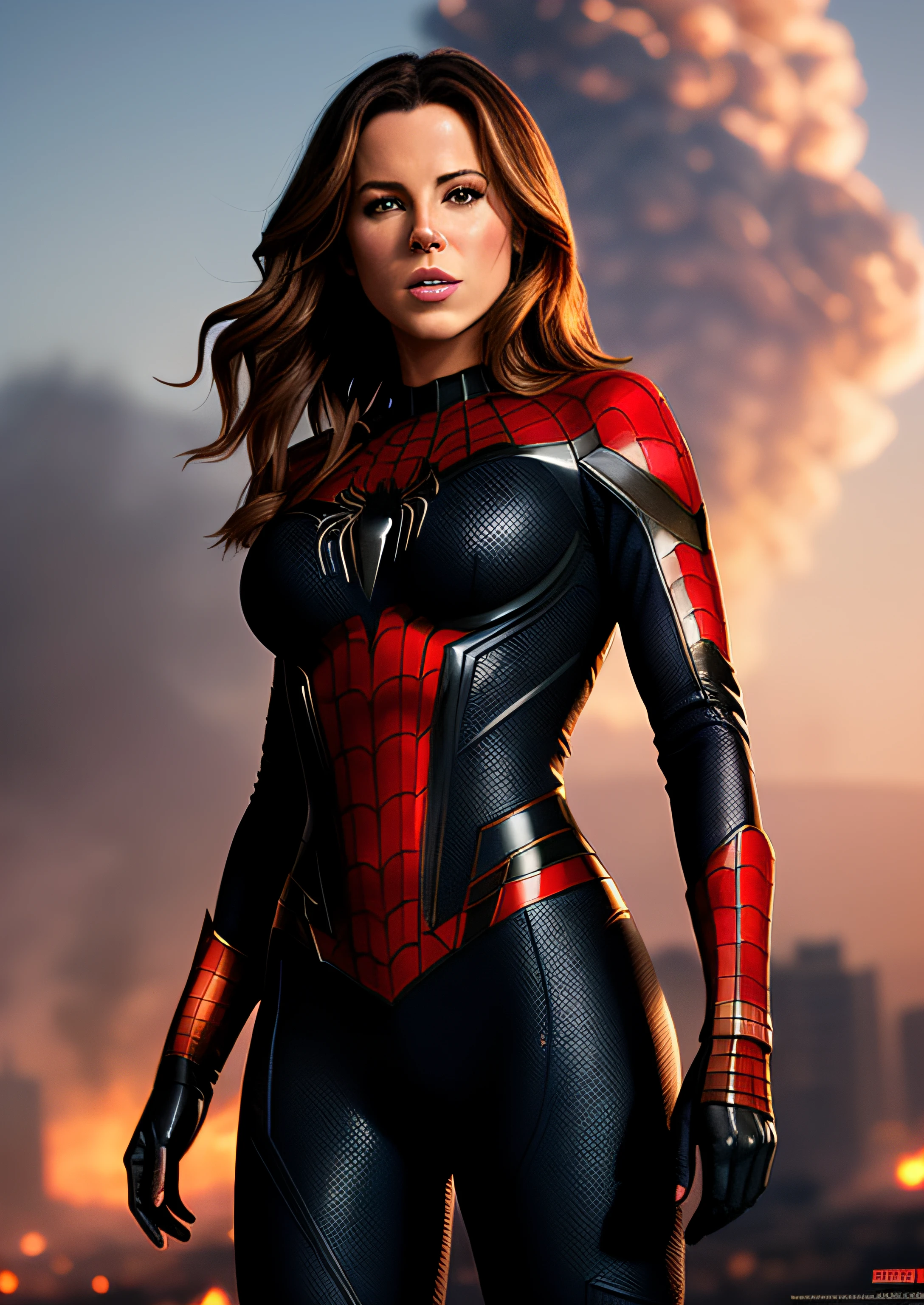 Kate Beckinsale in detailed Spider-Man ghost costume, large breasts, superhero pose, standing in ruined city at sunset, hyperdetailed, smoke, sparks, sunbeams, (8k), realistic, symmetrical, award-winning, cinematic lightning, soaked, film, 75mm, scratches, full body shot, close-up, torn and dirty clothes, detailed face,