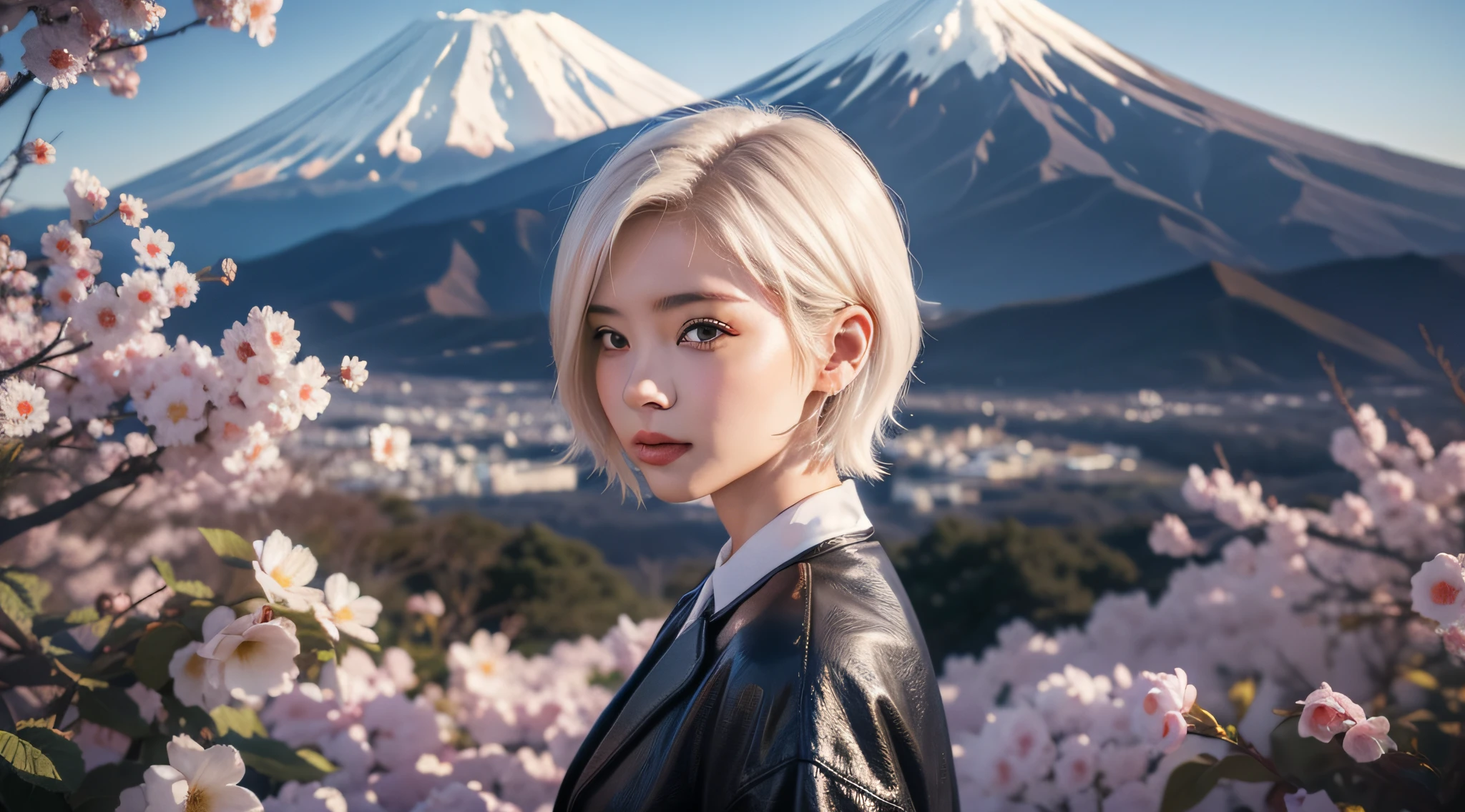 Beautiful woman with short white hair,mount fuji background。