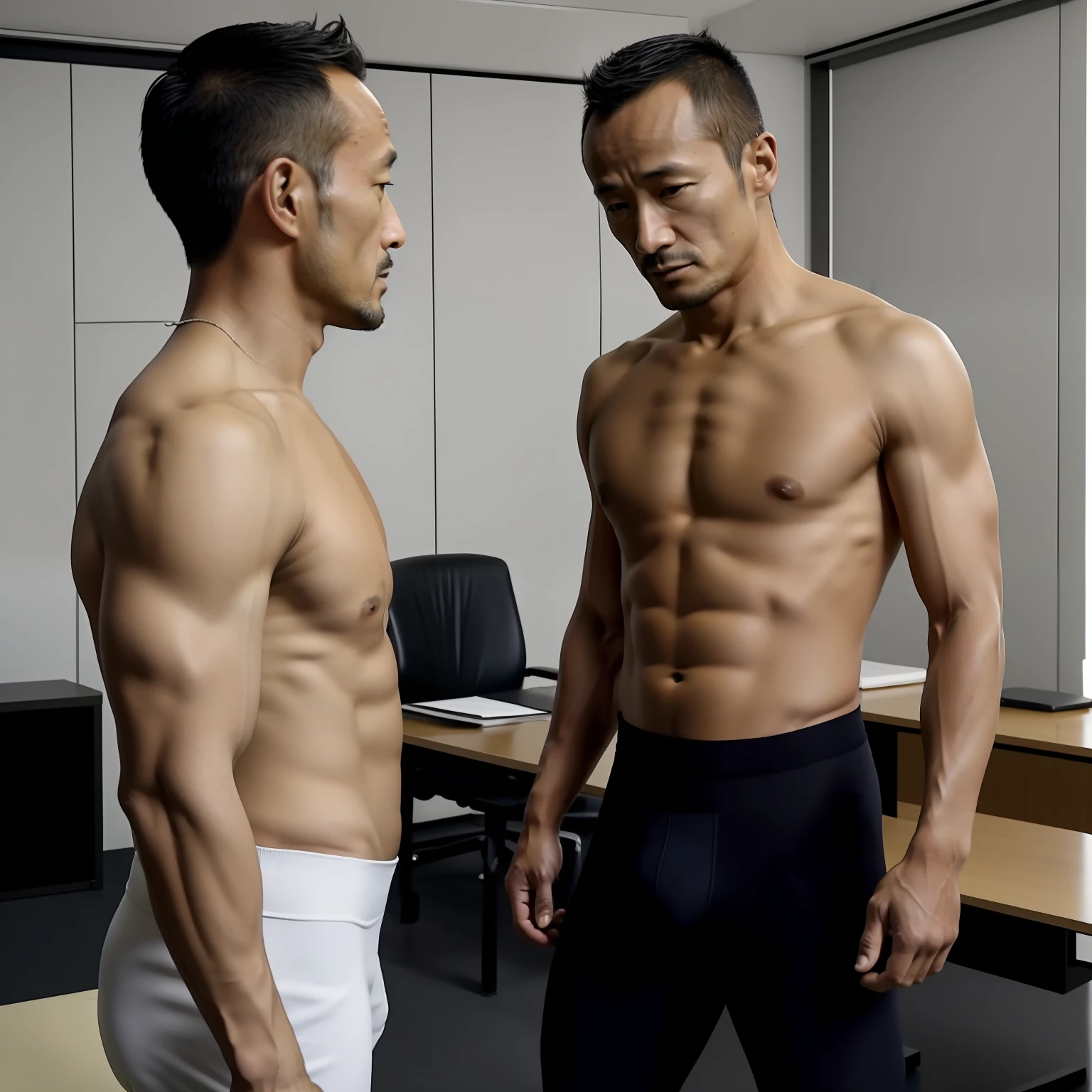45 yers old，Hidetoshi Nakata，（Demo Mulroni 1.3），Shirtless，Tong，Bulge，office room，black long socks，Thin，musculature，lbeard，fortitude，artwork of a，tmasterpiece，k hd，Two people slap