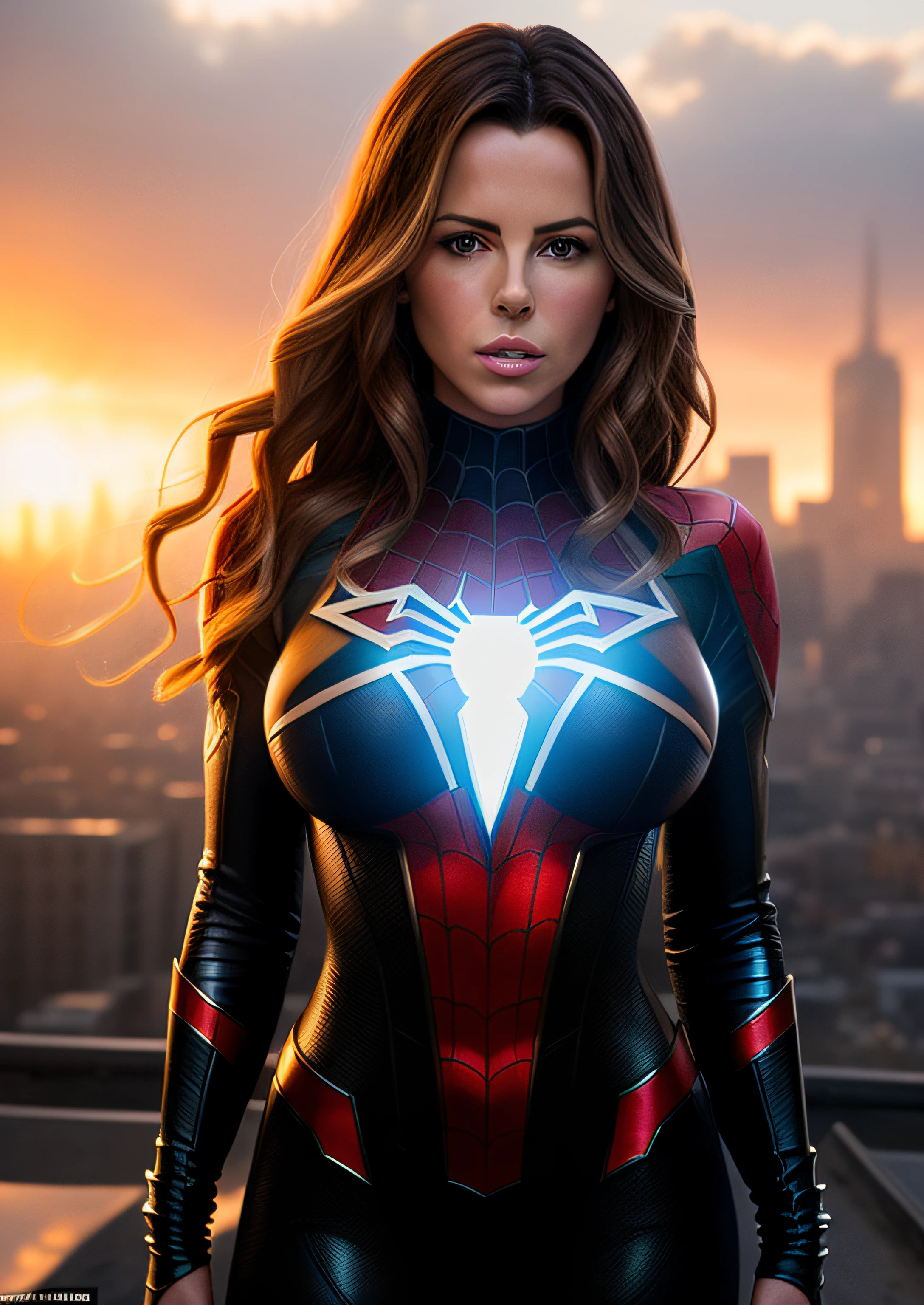 Kate Beckinsale in detailed Spider-Man ghost costume, large breasts, superhero pose, standing in ruined city at sunset, hyperdetailed, smoke, sparks, sunbeams, (8k), realistic, symmetrical, award-winning, cinematic lightning, soaked, film, 75mm, scratches, full body shot, close-up, torn and dirty clothes, detailed face,