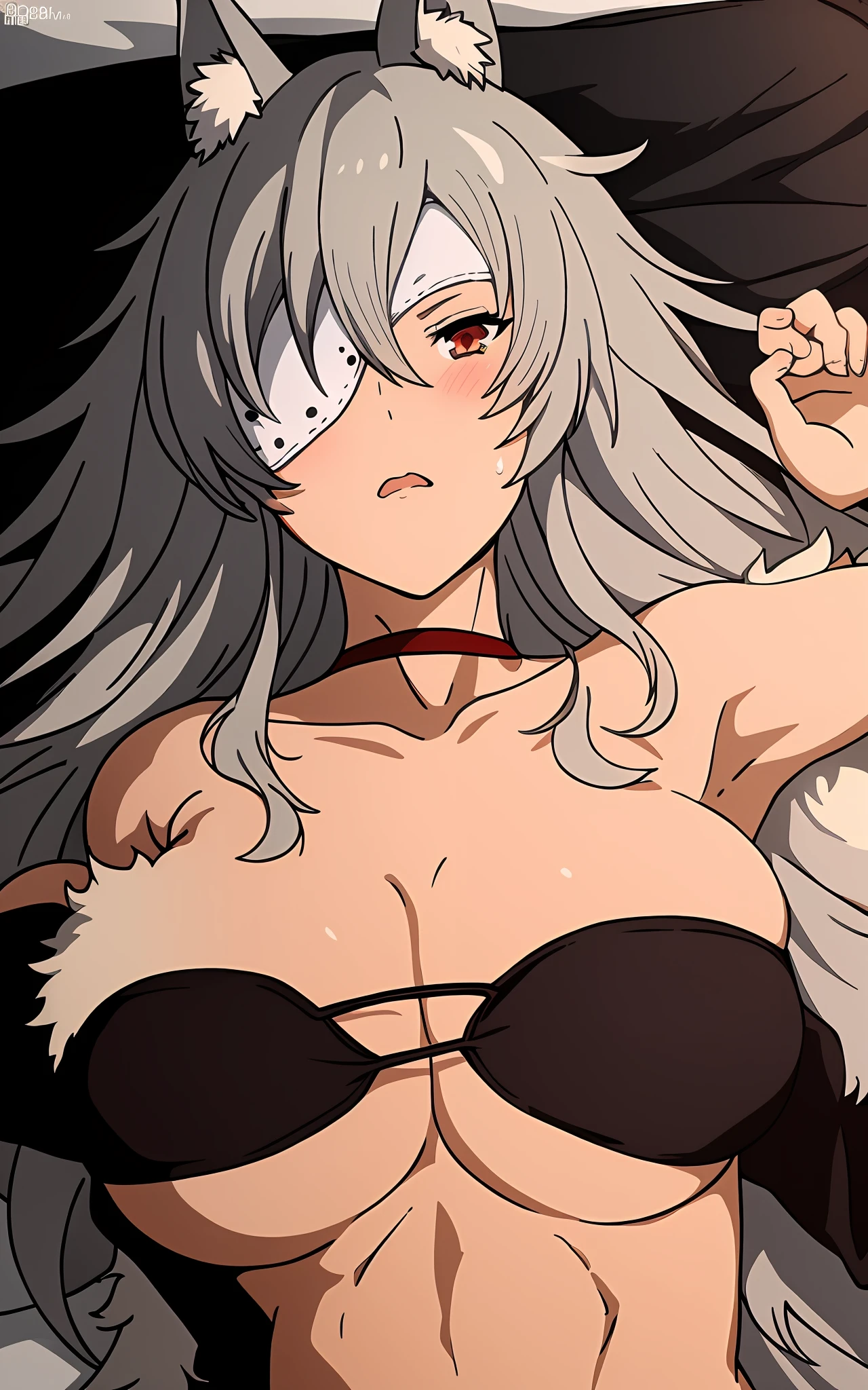 Ghislaine, wolf ears, eye patch, 1girl, matured female, lying on bed, lewd outfit, shy, blushing, medium breast, bra, perfect eyes shape, beautiful eyes, beautiful face, high details outfit, looking at viewer, upper body, high quality, illustration, perfect anatomy, skilled artist, fully detailed background, ((masterpiece))