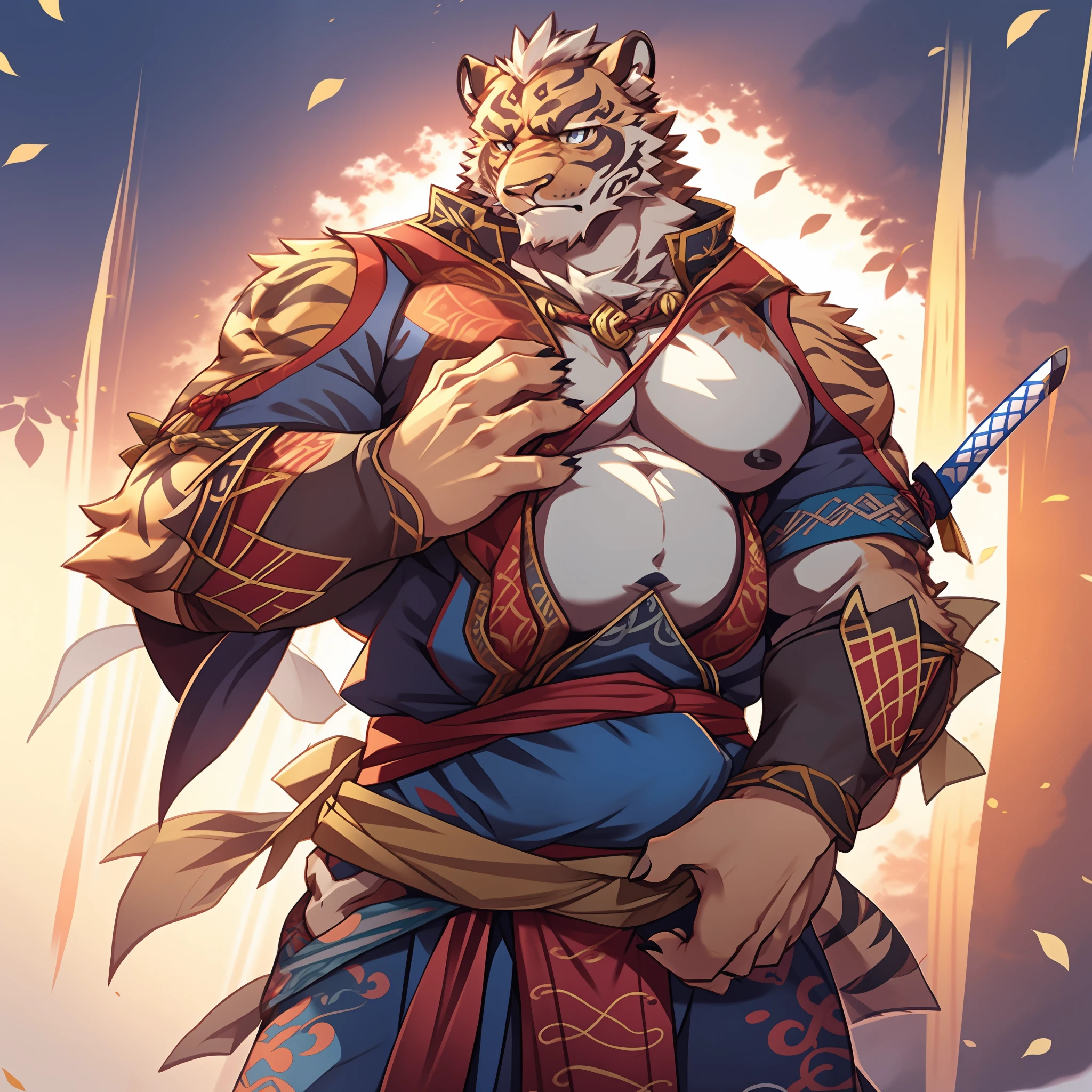 Lin Hu，musculature，tit，Fat Chubby，Wear a katana，potbelly，Plump and firm，Huge protrusions on the lower body，Wear a katana，Samurai style，carrying swords on his back，Five fingers，byself，Put your hands in your pockets