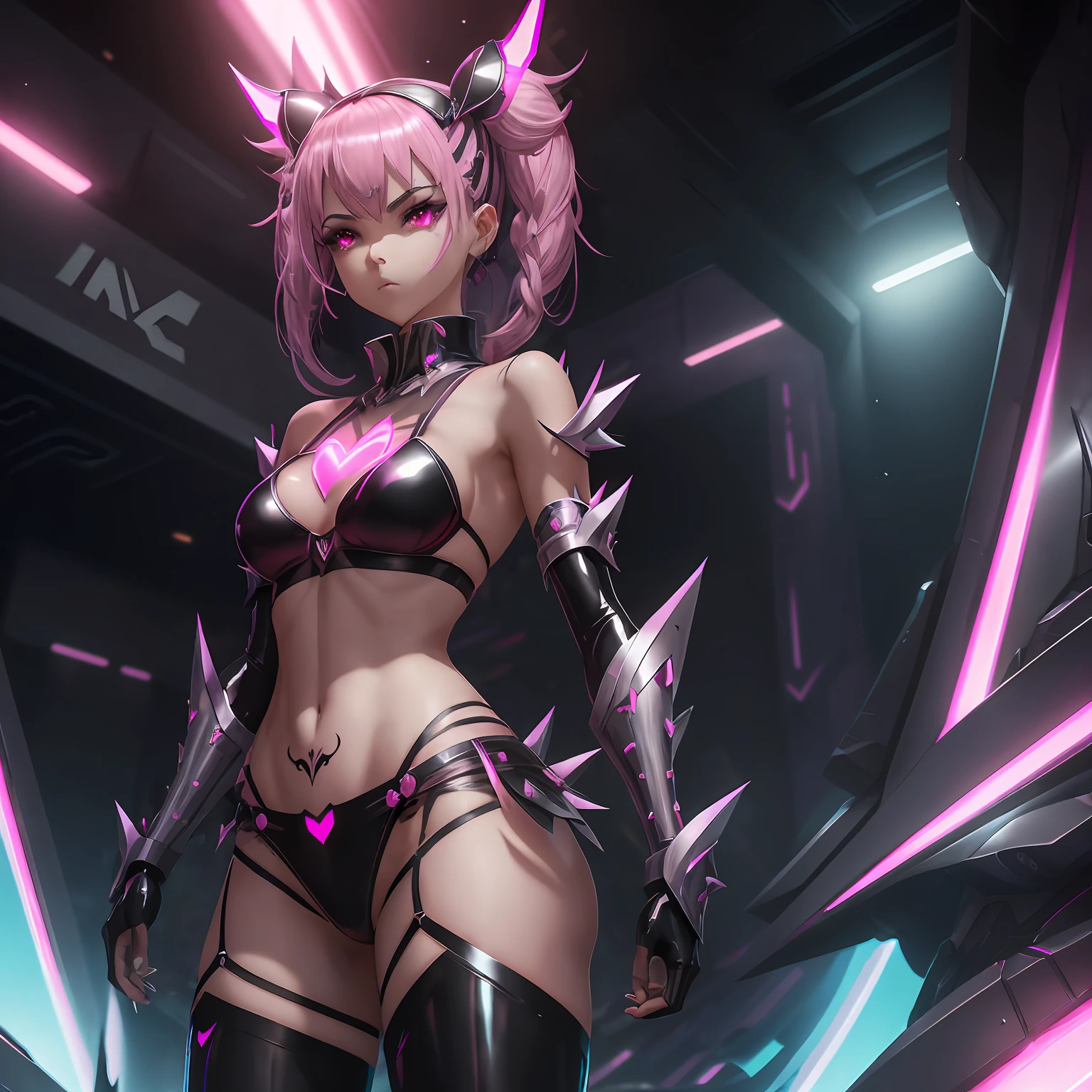 An evil magical girl in a skimpy outfit stands alone. Her costume is made up of latex fabric and transparent tights. She wears sharp black bikini armor. A hair ornament with sharp angles on her head. Sharp claws on her fingertips. A heart tattoo around her navel. pink eyes that shine with light. Futuristic machines in the background