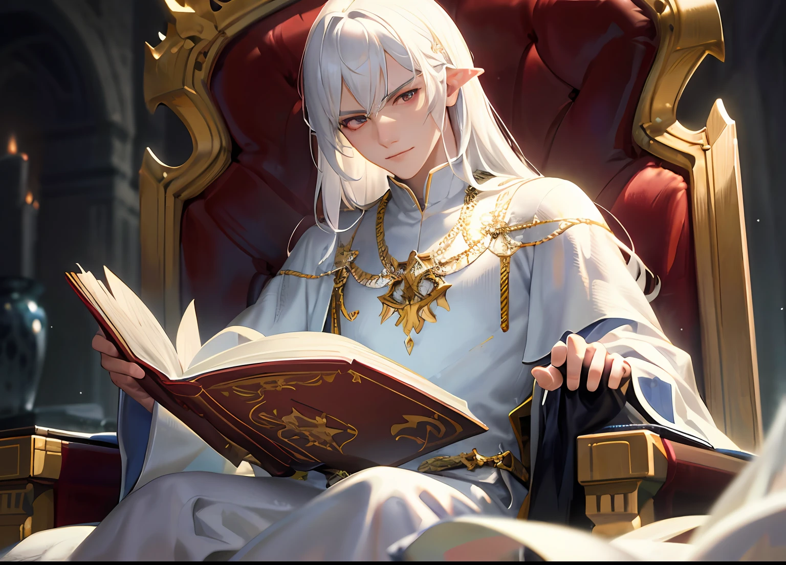 1man, male, anime, pale skin, very long hair, black hair, crimson red eyes, intricate details, best quality, elf ears, smirk, detailed face, detailed hands, holding book with one hand, library, dark, dim light, open chest, butler clothes, adult male, slim muscular, fit, look at viewer, sitting at chair, side glance, vampire features (pointy ears, pale skin, red eyes, slim body), animated, semi realism