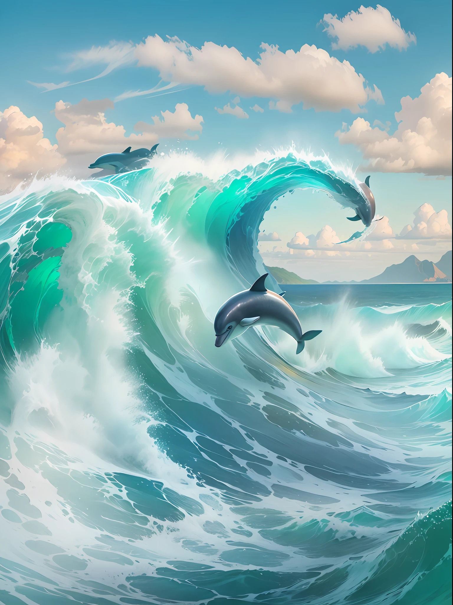 A beautiful scene of A Crystal giant wave with dolphins, approaching the beautiful tropical beach. Control Water.