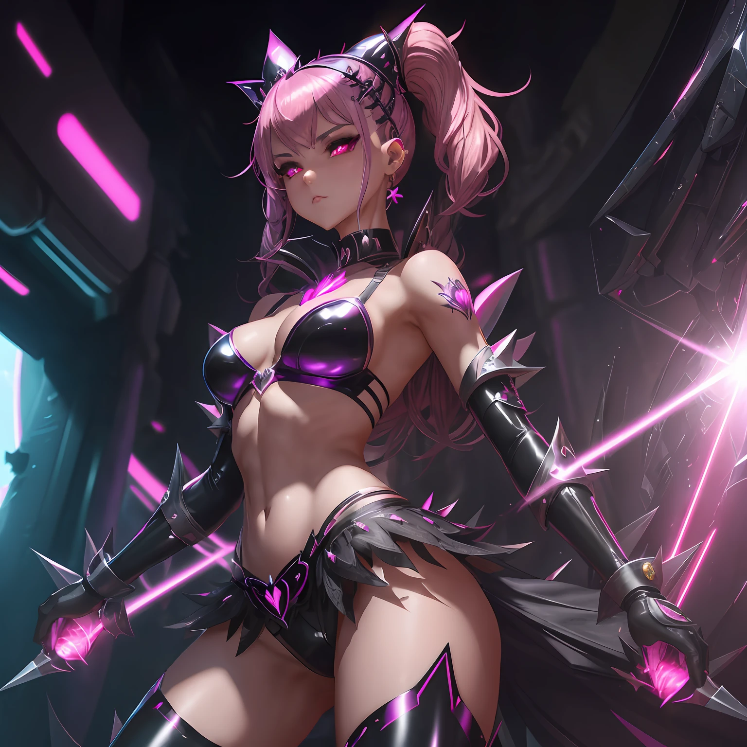 An evil magical girl in a skimpy outfit stands alone. Her costume is made up of latex fabric and transparent tights. She wears sharp black bikini armor. A hair ornament with sharp angles on her head. Sharp claws on her fingertips. A heart tattoo around her navel. pink eyes that shine with light. Futuristic machines in the background