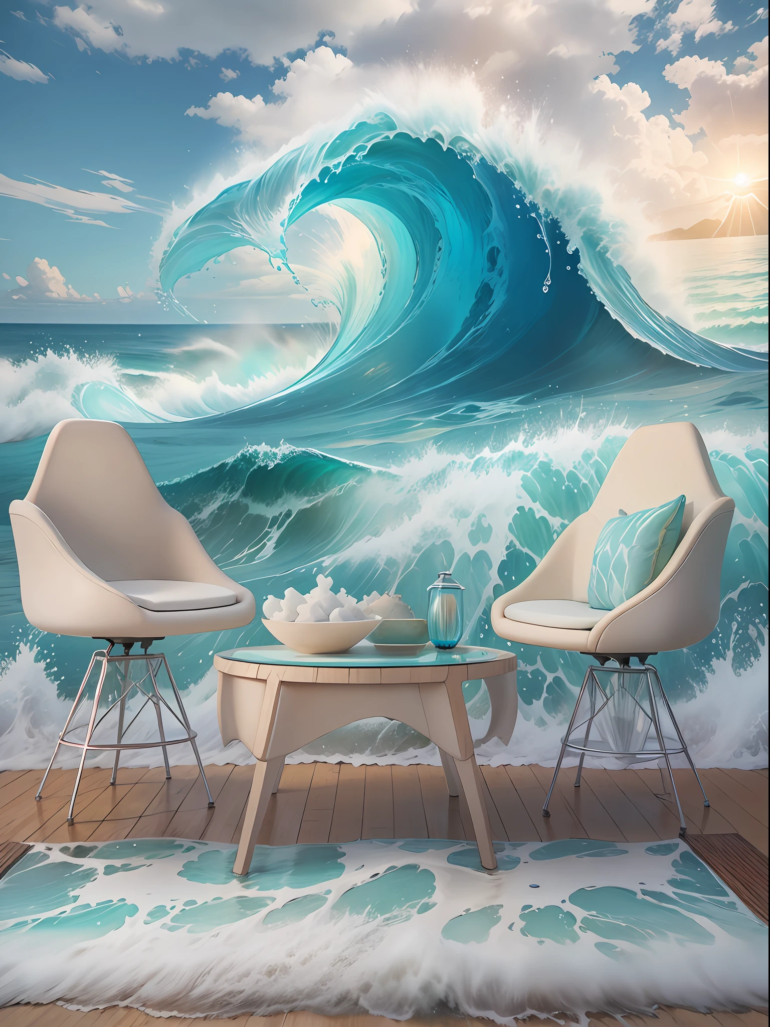A beautiful scene of A Crystal giant wave with dolphins, approaching the beautiful tropical beach. Control Water.