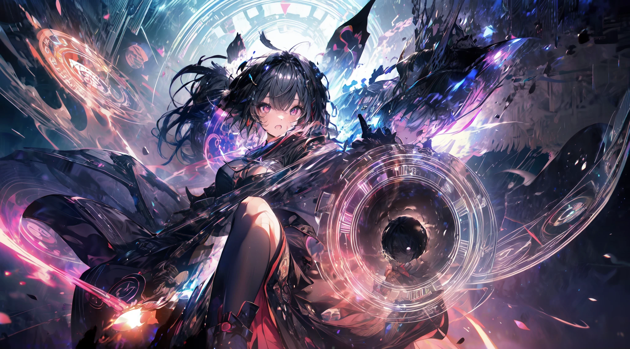 (masterpiece:1.2),extremely detailed CG unity 8k wallpaper,Amazing,1girl,solo,muscular,physique,curvy,black hair,short hair,red eyes,open mouth,fang out,full body,fighting stance,black dress,cloak,intense gaze,beautiful detailed eyes,disheveled hair,hairs between eyes,Fighting stance,light shafts,soft focus,character focus,BRAKE,(yin and yang:1.2),(magicl effect,magic circle,radical geometry resembling,branching of capillaries:1.2),fractal,ultra-detailed,(black hole:1.4),(vortex:1.2),(king of darkness:1.2),dynamic angle,shine,extremely delicate and beautiful girls,bright skin,best illustration,best shadow,finely detail,Depth of field ,(colorful painting,{very delicate light,perfect and delicate limbs},beautiful detailed dress,Flying particle,glow