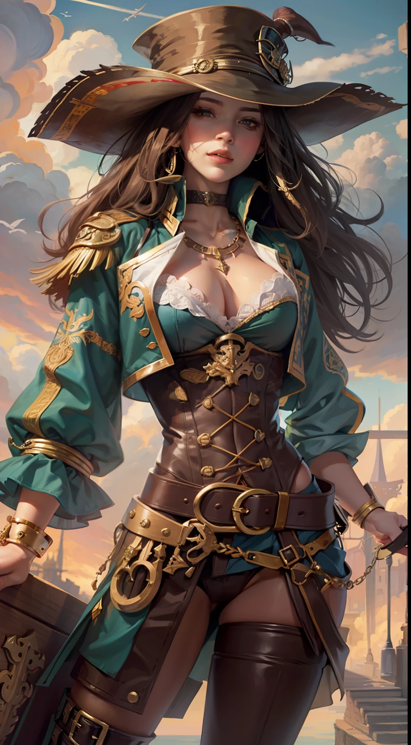 Beautiful woman in insanely intricate Sky Pirate Outfit