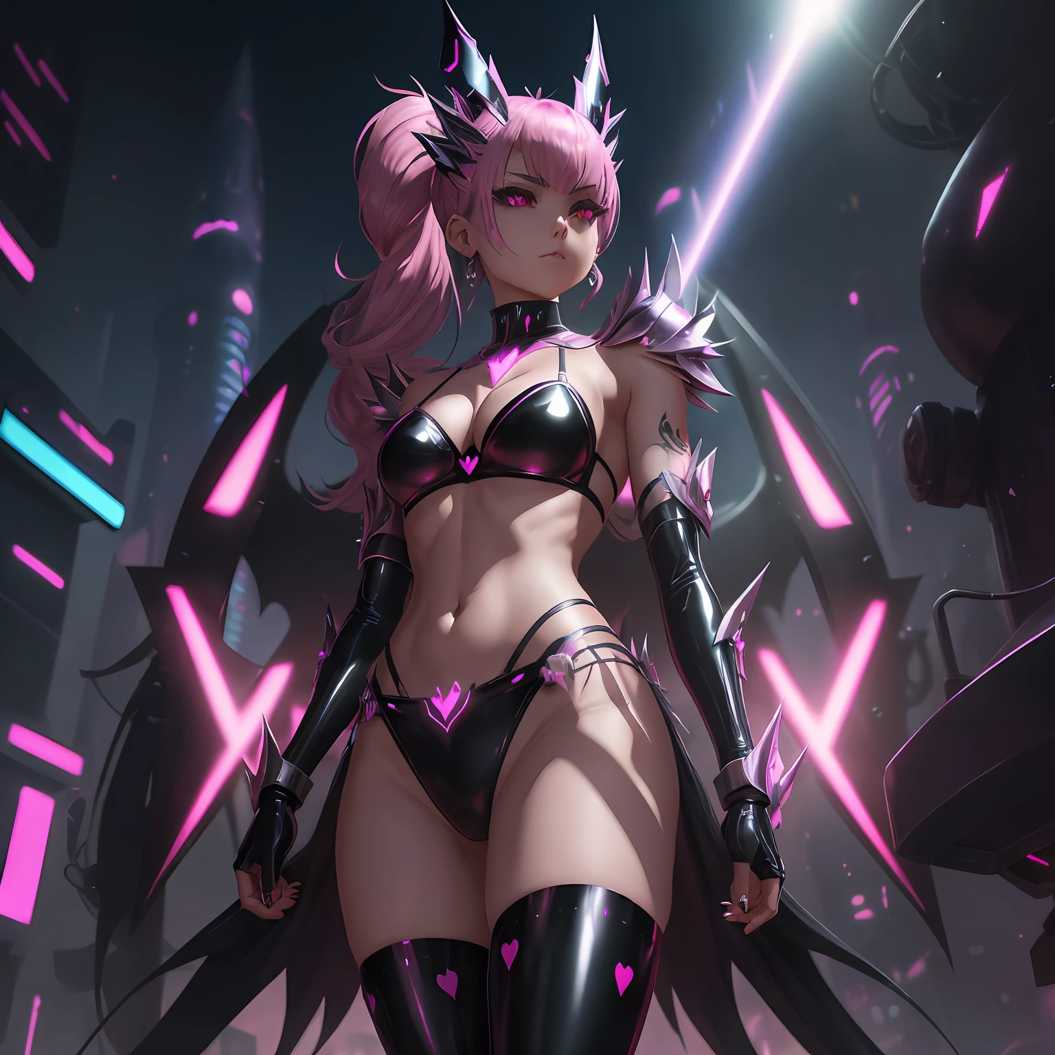 An evil magical girl in a skimpy outfit stands alone. Her costume is made up of latex fabric and transparent tights. She wears sharp black bikini armor. A hair ornament with sharp angles on her head. Sharp claws on her fingertips. A heart tattoo around her navel. pink eyes that shine with light. Futuristic machines in the background