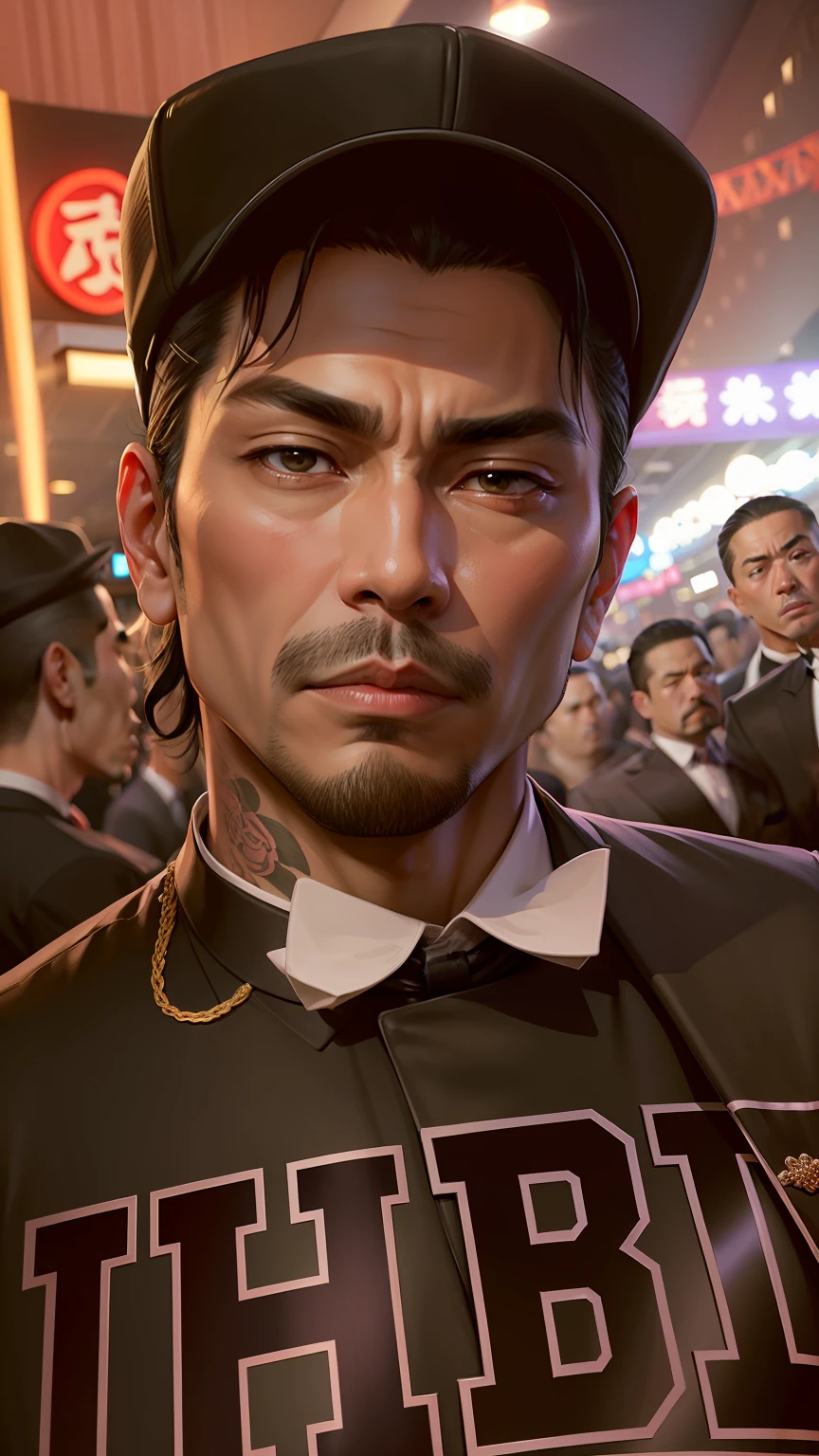 The Yakuza,prince,Wear a suit,With baseball cap,in the night club,The face is slightly fat