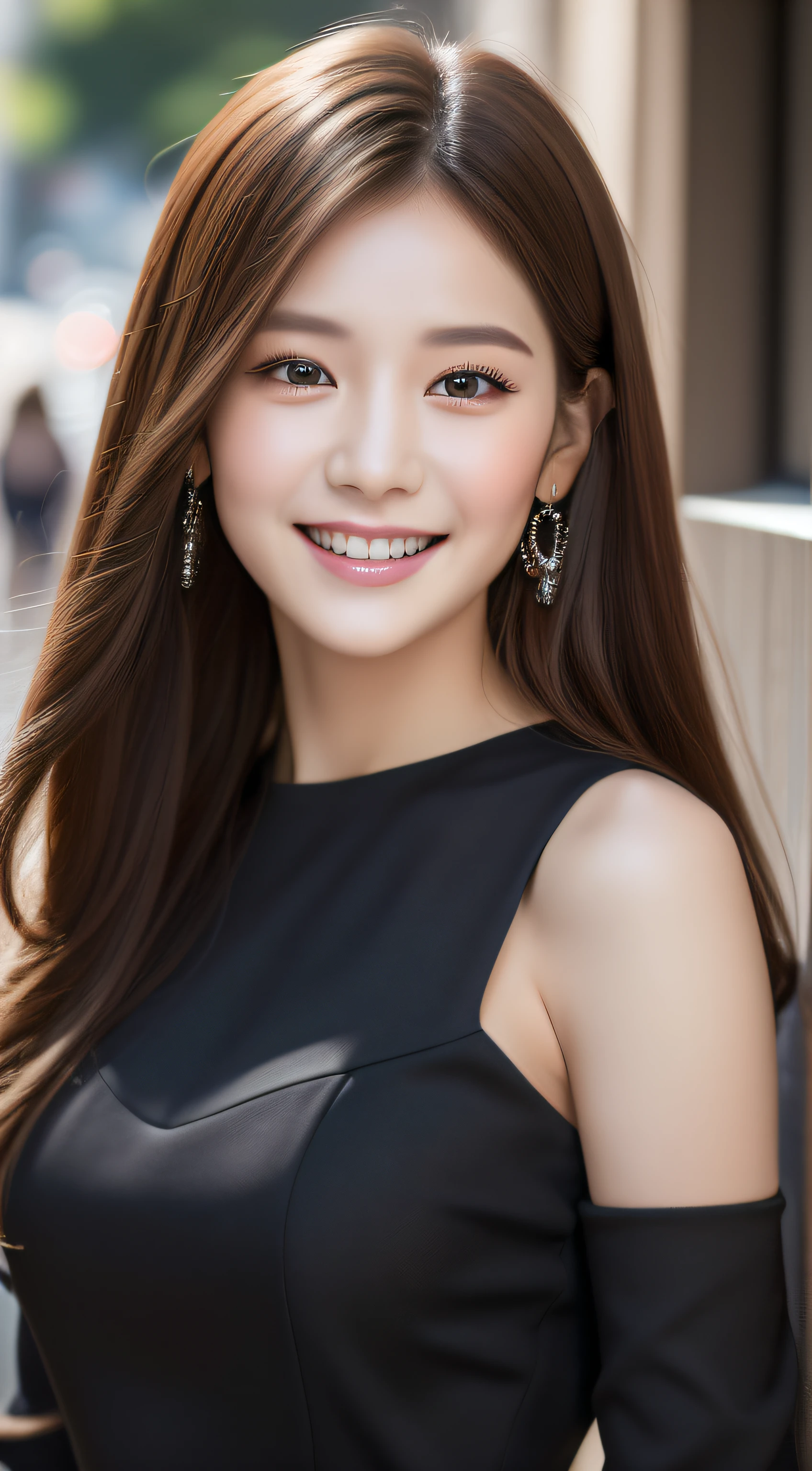 ((Best quality, 8k, Masterpiece :1.3)), 1girl, smiling, full body, slim face, Pretty woman, (Dark brown hair), full length dress :1.1, Ultra-detailed face, Detailed eyes, Double eyelid, blur background, slim face, city, outside, street,