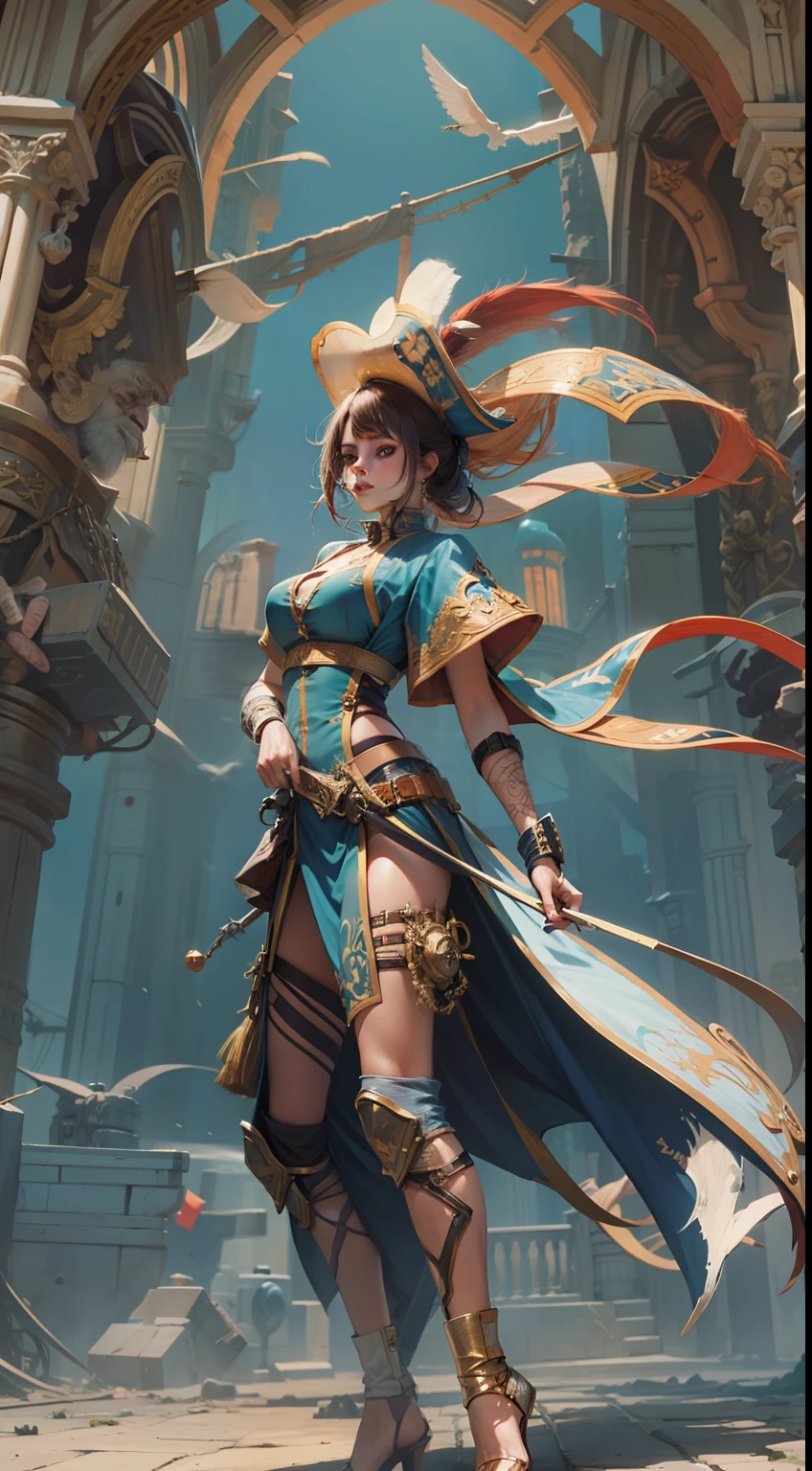Beautiful woman in insanely intricate Sky Pirate Outfit