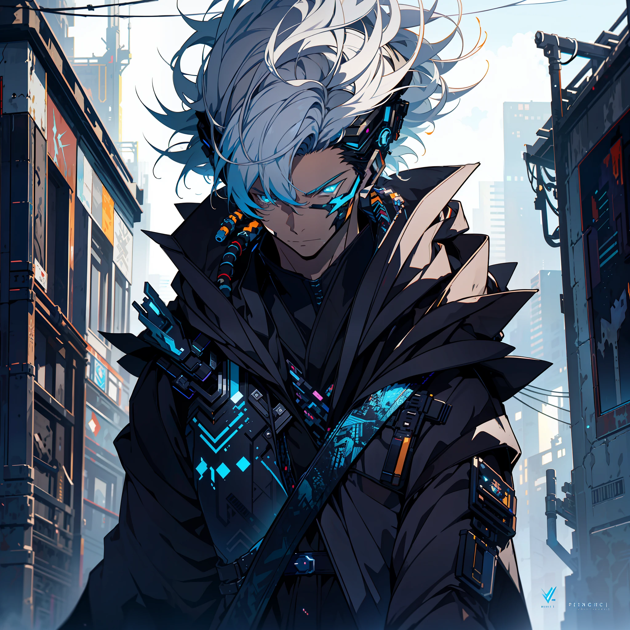 Cyberpunk male, fantasy world, dark background, clean design, epic instagram, artstation, colorful paint splatter, silhouette, hyper detailed intricate details, unreal engine, fantasy, intricate details, splash screen, complementary colors, Fantasy concept art, 8k resolution, deviantart masterpiece, oil painting, heavy strokes, paint dripping, (isolated on white background: 1.3), rainbow skin, (((handsome young man))), ((teenage:1.5) ), (glowing blue eyes), ((light eyes)), ((((short white hair: 1.1))), ((black clothes)), (prince\\(indifferent expression\\),, ( ((Wears high detail luxurious black robe))), white hair, (chest) --v 6