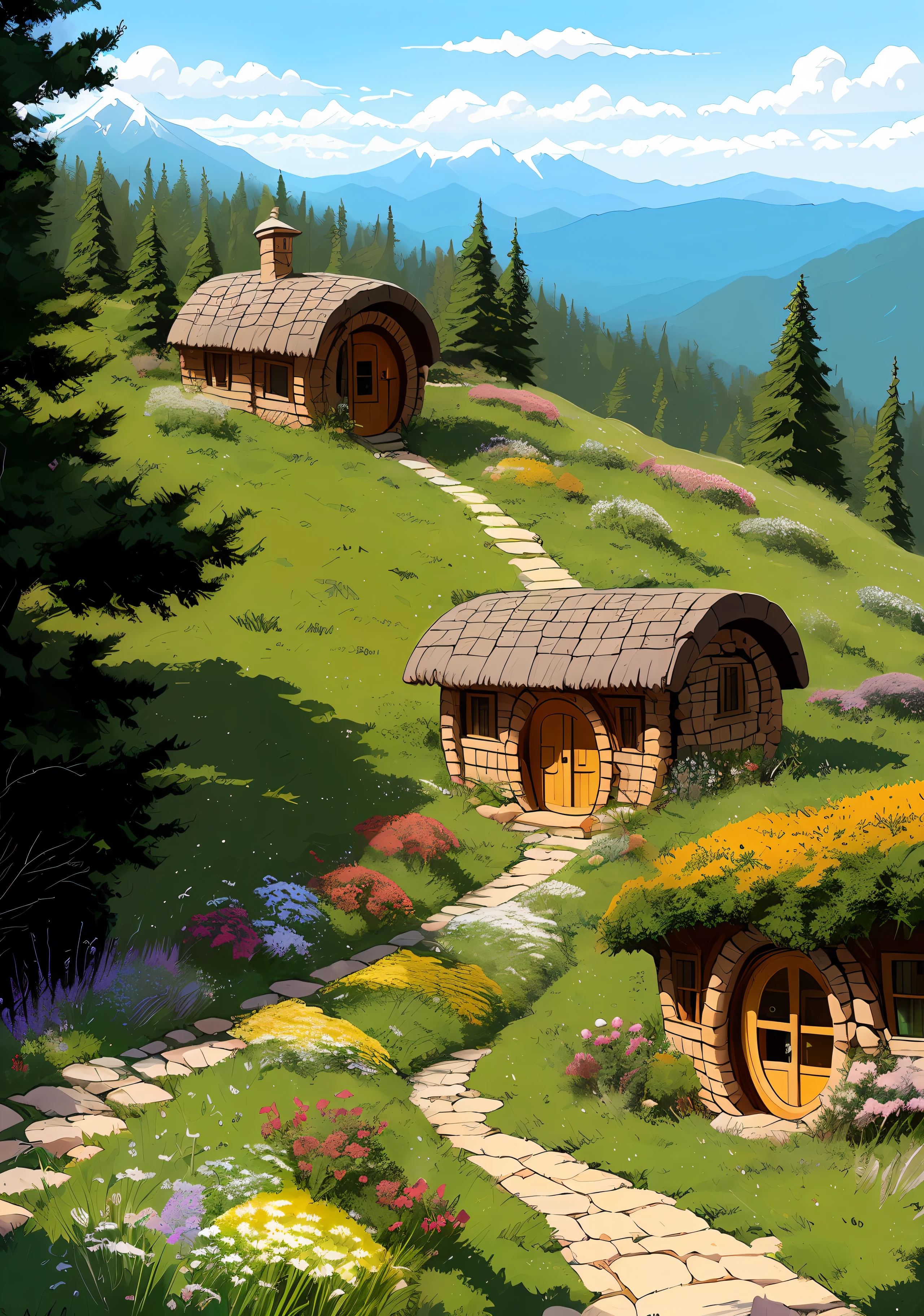 Realistic, Real life, Beautiful hobbit house in the mountains, in style of laurie greasley, by Ghibli Studio, Akira Toriyama, James Gilead, Genshin Impact, trending pixiv fanbox, acrylic palette knife, 4K, Vibrant colors, devinert, trending on artstationh
