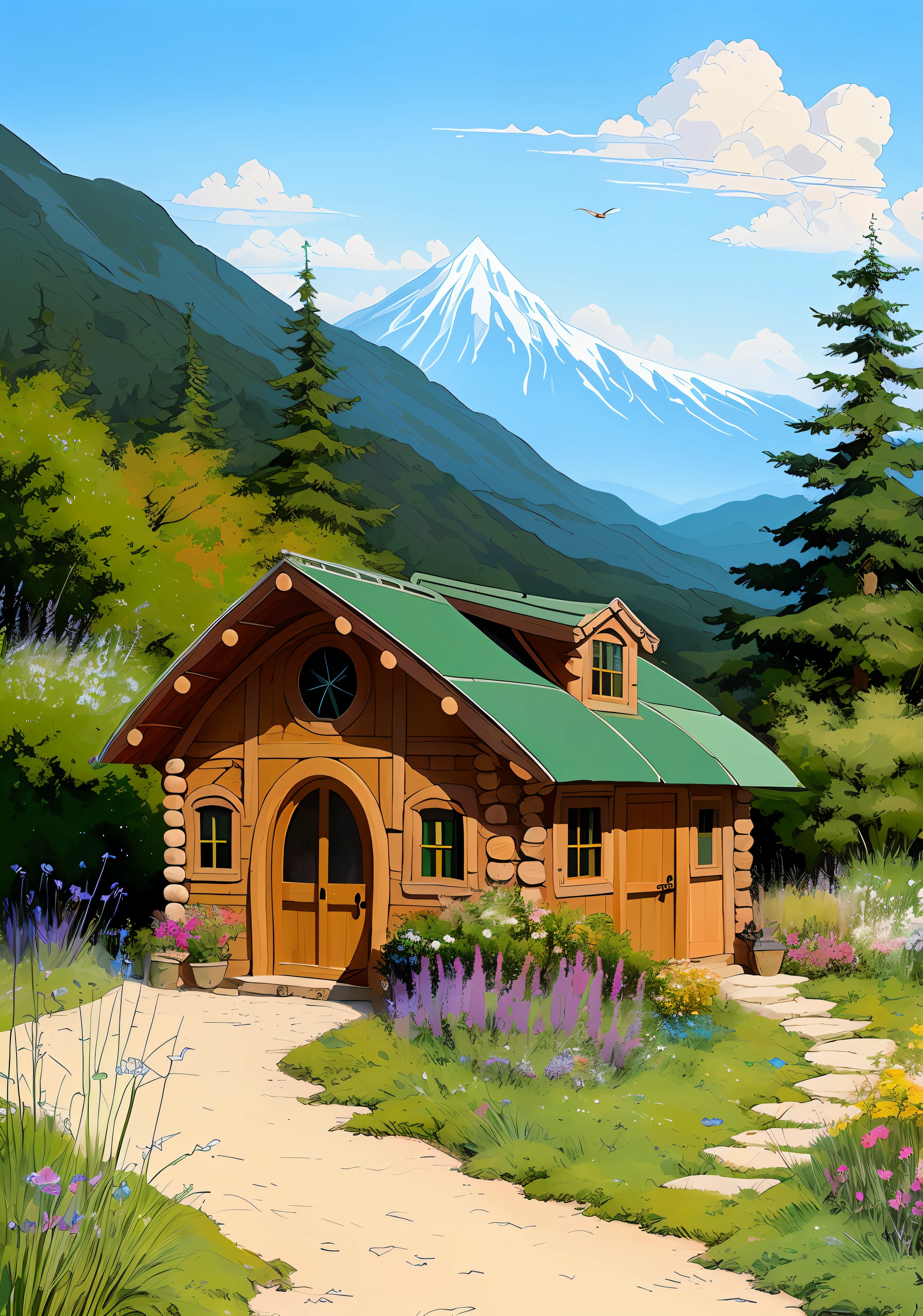 Realistic, Real life, Beautiful hobbit house in the mountains, in style of laurie greasley, by Ghibli Studio, Akira Toriyama, James Gilead, Genshin Impact, trending pixiv fanbox, acrylic palette knife, 4K, Vibrant colors, devinert, trending on artstationh