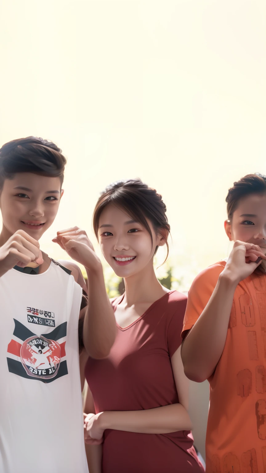 There is women wearing a red t-shirt, beautiful, hd 4k, smiling, medium breast, short hair, black hair, Korean face, cute,
