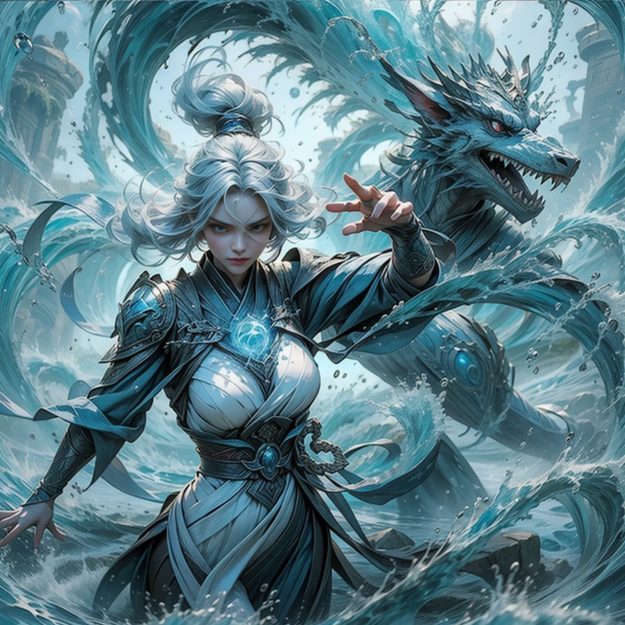a girl with flowing white hair and a pristine white robe, showcasing her water elemental powers. She is seen charging a massive water ball in front of her chest, with both hands perfectly symmetrical. The focus is on her upper body, emphasizing her power and grace. (water dragon:0.6)