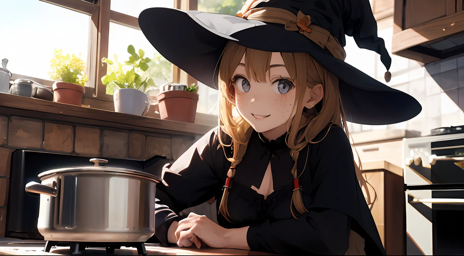 long face, 1girl, face, 16 years old, detailed face, garden, she has a butterfly on her head, sun in mid day, smile, :), looking at viewer, black dress, eyes looking away, clear lines, good facial features,, white long hair, Victorian witch dress, thick lips, freckles and rosy cheeks, medium size breasts, wearing a witch hat, she is in a cottage core kitchen, in front of her she has a stove with a pan on it.