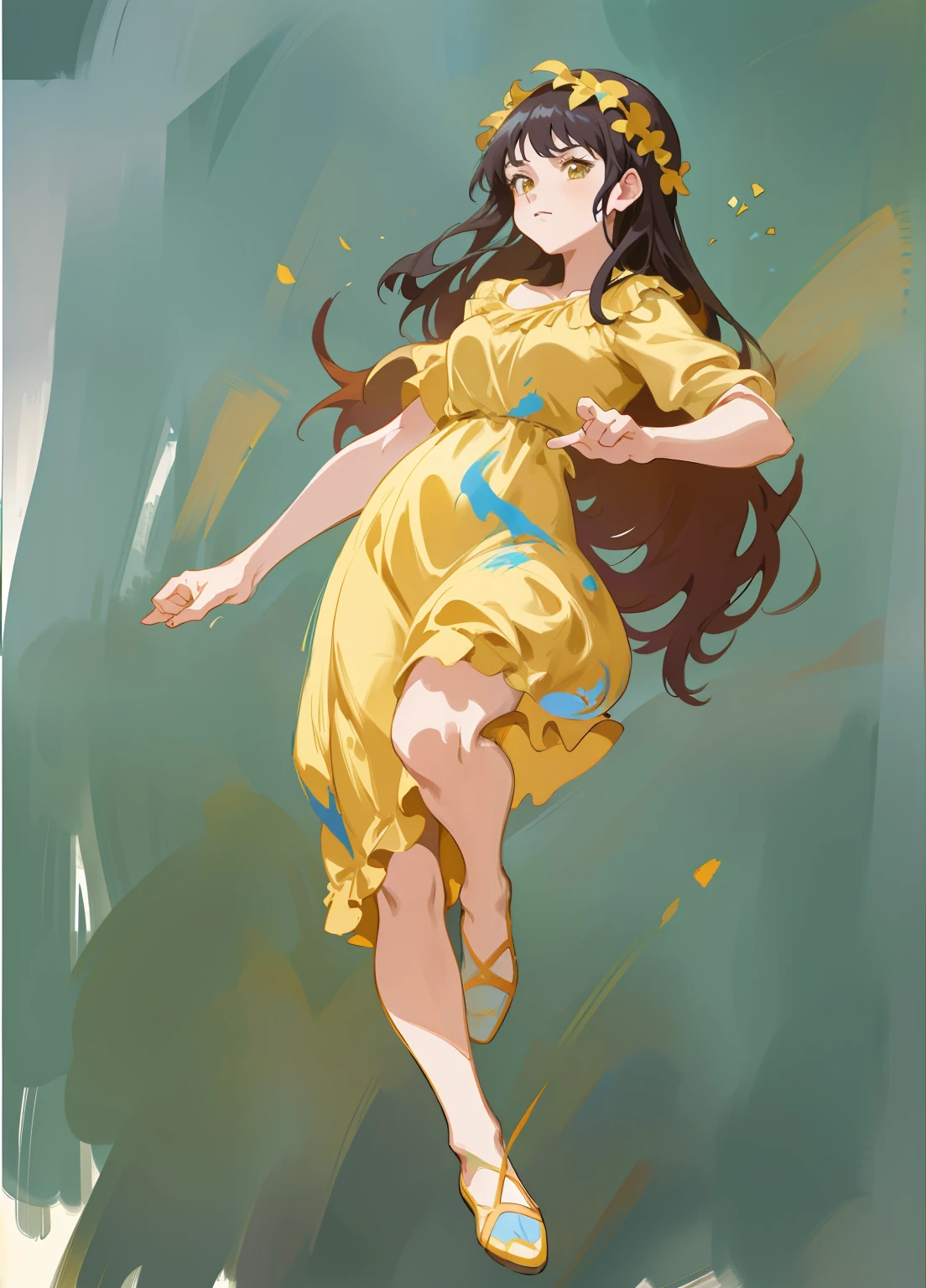 A painting of a woman in a yellow dress floats in the air, drawn in anime painter studio, color study, speedpaint, made with anime painter studio, greek myth digital painting, # 1 digital paintting of all time, #1 digital paintting of all time, Digital painting style, pose study, speedpainting, pudica gesture bouguereau style