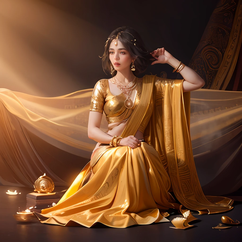 stunningly beautiful (aeolian:1.5) wlop perfect full HDR body black hair princess in saree exposed midriff temple background