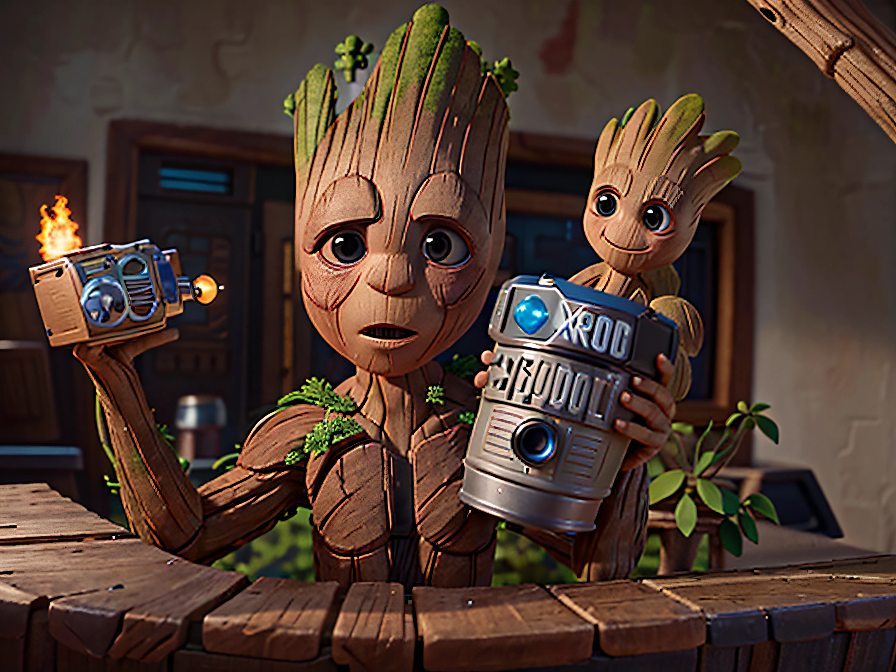 ((Groot is a fictional character in Marvel Comics. )), auto retrato hiper-realista, 8k UHD, DSLR, grain of film, fotorrealista, Fujifilm XT3, Arte MidJourney,  ((autoretrato do rosto frontal))