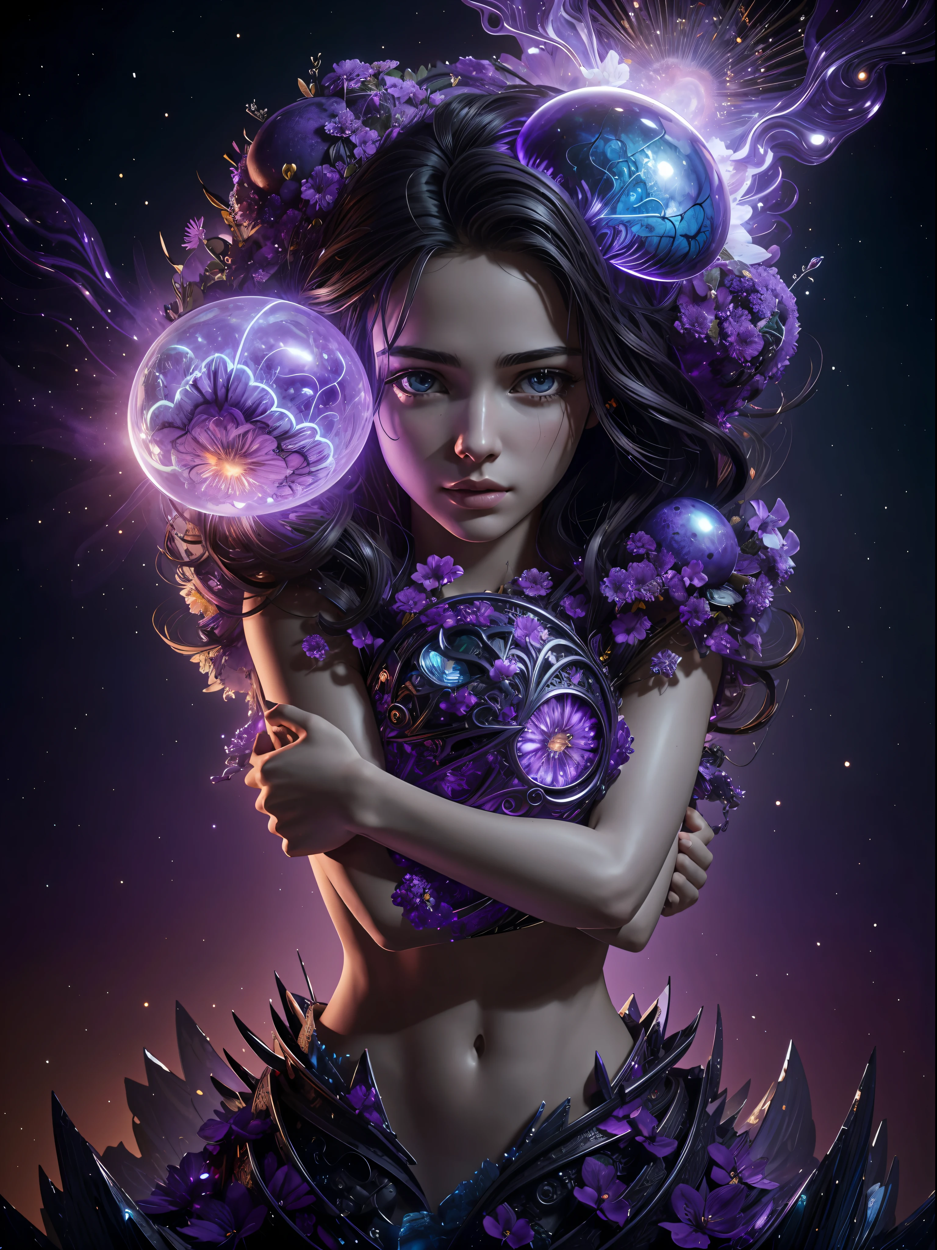 Incredible and spectacular scenes, ((high quality)), ((detailed)), ((fantasy)), "purple plasma brain, purple plasma body, realistic, best quality, 4K, flowers trapped in blisters at the top realistic, (handsome teenager and beautiful girl hugging), full body portrait", image quality (3D rendering effect) , exquisite details,