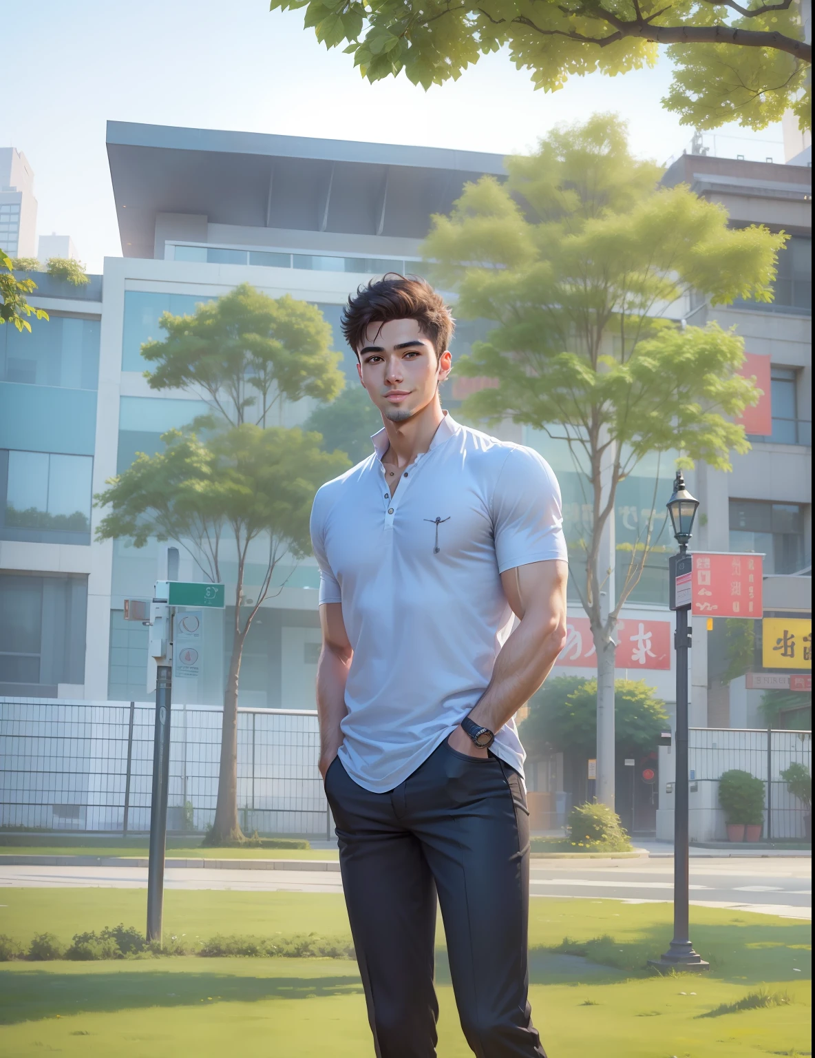 masterpiece, best quality, highres, ultra high res,real, photorealistic,Young man,Handsome face,evening,natural lighting,looking at viewer,outdoor,full body,smile,round face,short hair,details eyes,Shanghai city street,Nightscape