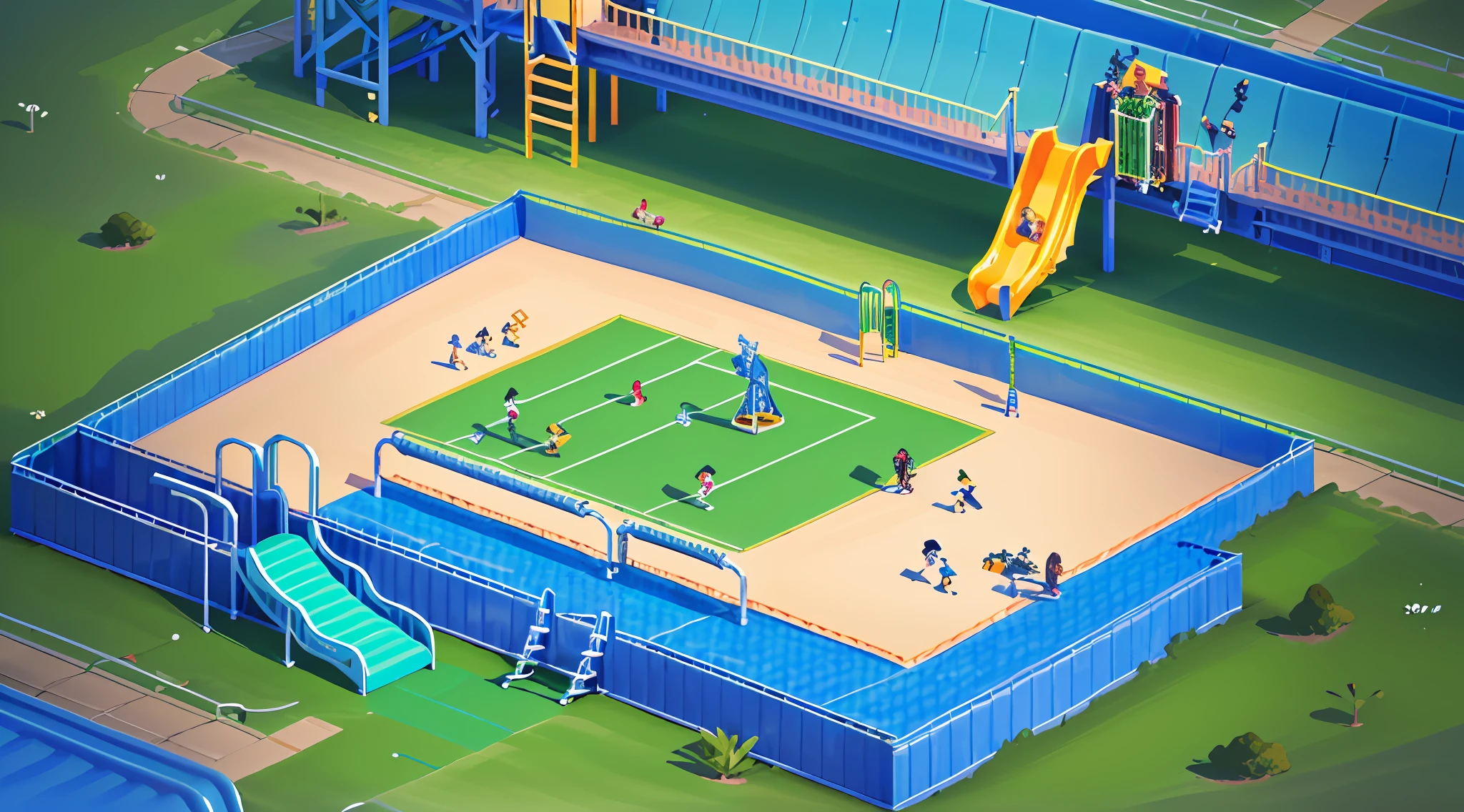 green color,arafed image of a playground with a slide and a playground, isometric illustration fun, Isometric art, isometric 8k, isometric illustration, isometric game, incredible isometric screenshot, complex 3d scene, 3d isometric, 3 d isometric, Detailed 2D illustration, prerendered isometric graphics, Isometric 3D