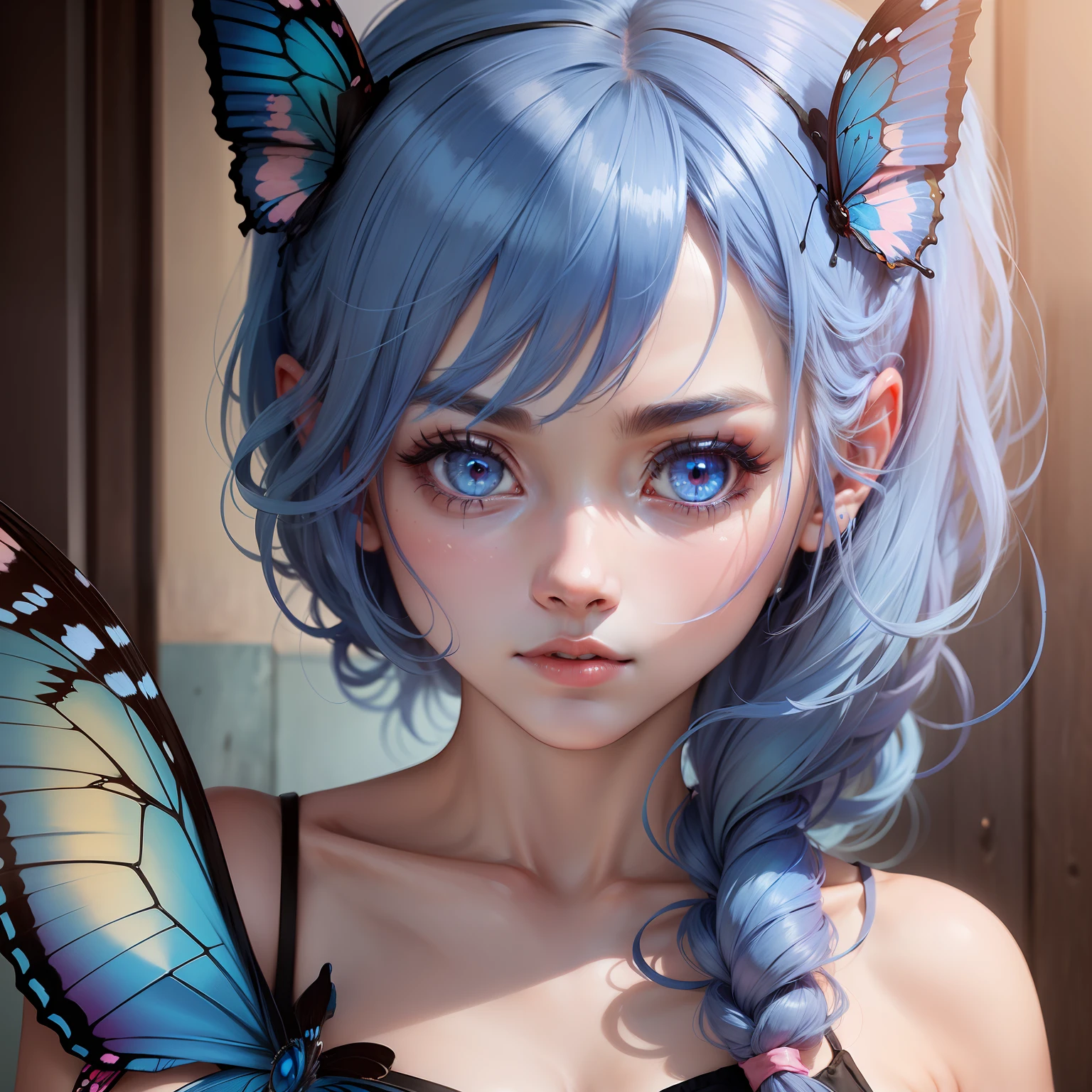 a girl, blue butterfly, blue hair, pink eyes